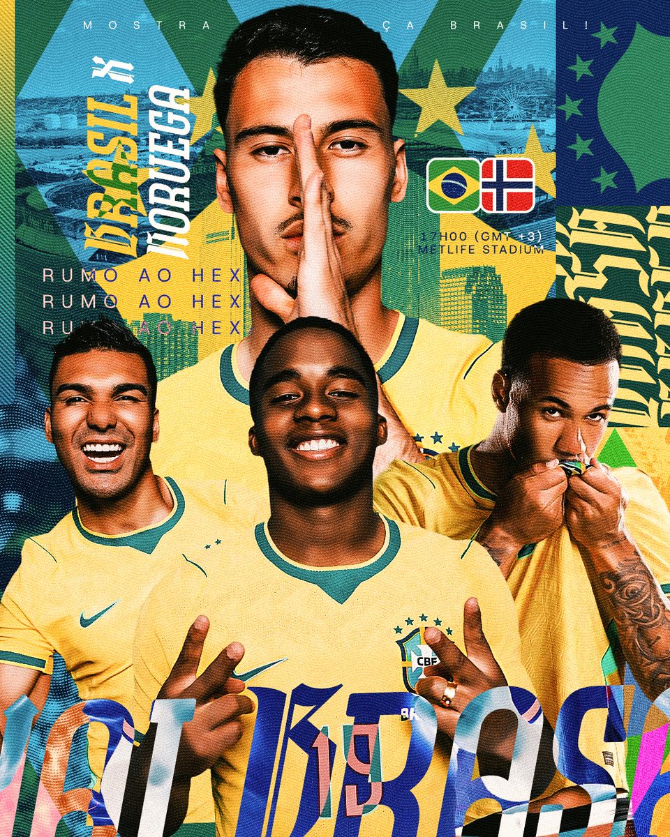 orenanlex's tweet photo. 🇧🇷 | SAI DA FRENTE QUE HOJE TEM BRASA EM CAMPO!!!

O desafio é grande, pois a seleção precisa quebrar dois tabus: vencer um europeu em mata-mata e vencer a Noruega.

Não temos medo, joguem por uma nação!

#copadomundo #endrick #batenopeito #sportsdesign #footballdesign https://t.co/UjnWXsvWR1