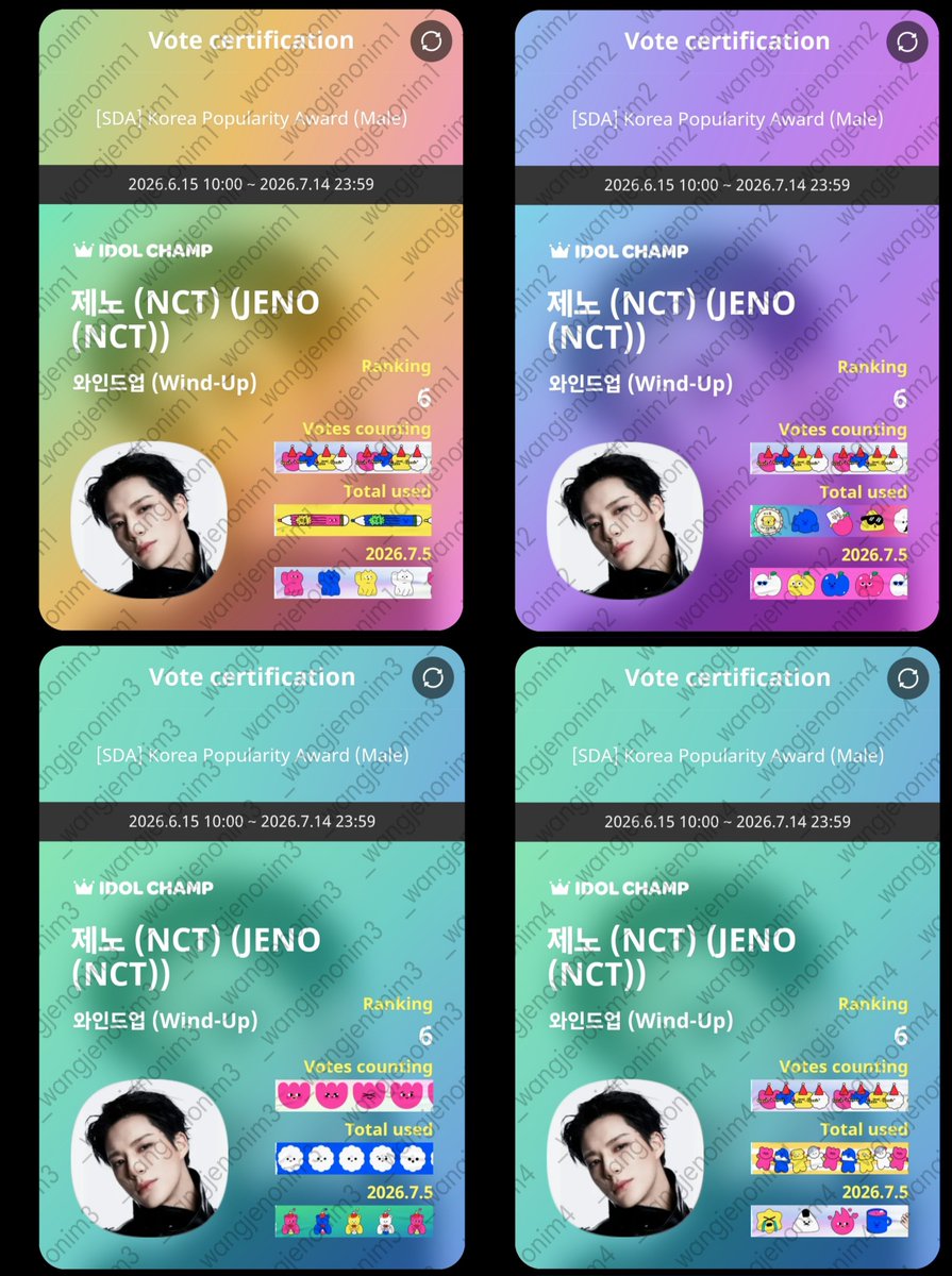 _wangjenonim's tweet photo. #VoteforJENO
#VoteJENO_SDA 

https://t.co/v8xcDoQCue

IDOLCHAMP 아이돌챔프
제노 (NCT) (JENO (NCT)) 와인드업 (Wind-Up) 투표 완료🗳️ https://t.co/VOd5aOVQwx