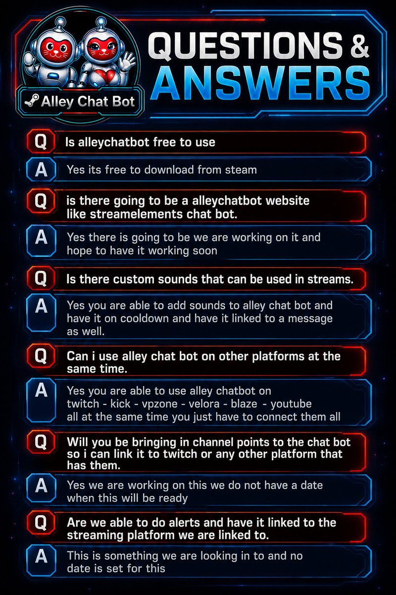 Alleycatzgames's tweet photo. ๐ค Questions & Answers about Alley Chat Bot!
We've put together answers to some of the most common questions we've been asked by the community. If there's anything else you'd like to know, just ask us we're always happy to help! ๐#AlleyChatBot #Streaming #Twitch #Kick #YouTube https://t.co/vF97u5zVvT