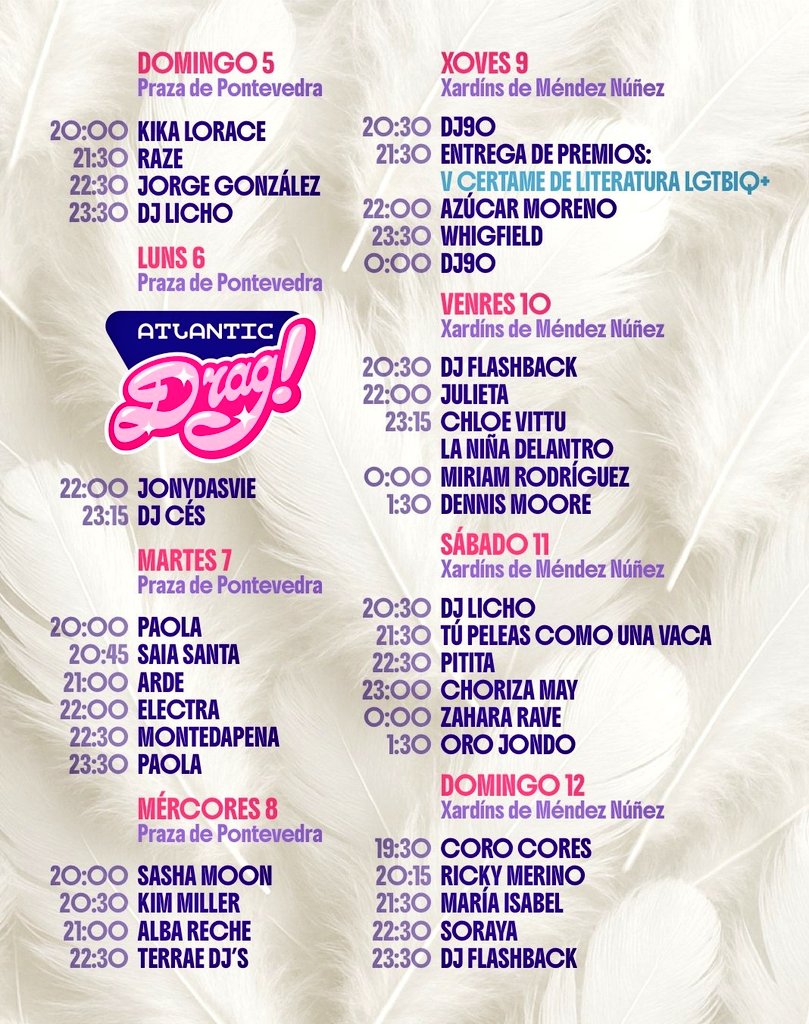 EloyTP's tweet photo. #Coruña - Hoy comienza una nueva edición del Festival #AtlanticPride2026 🌈🎤 

Este es el horario y ubicación de todos los conciertos 🎶

#OrgullodoNorte 🏳️‍🌈🏳️‍⚧️ https://t.co/6VGJs9z0rW