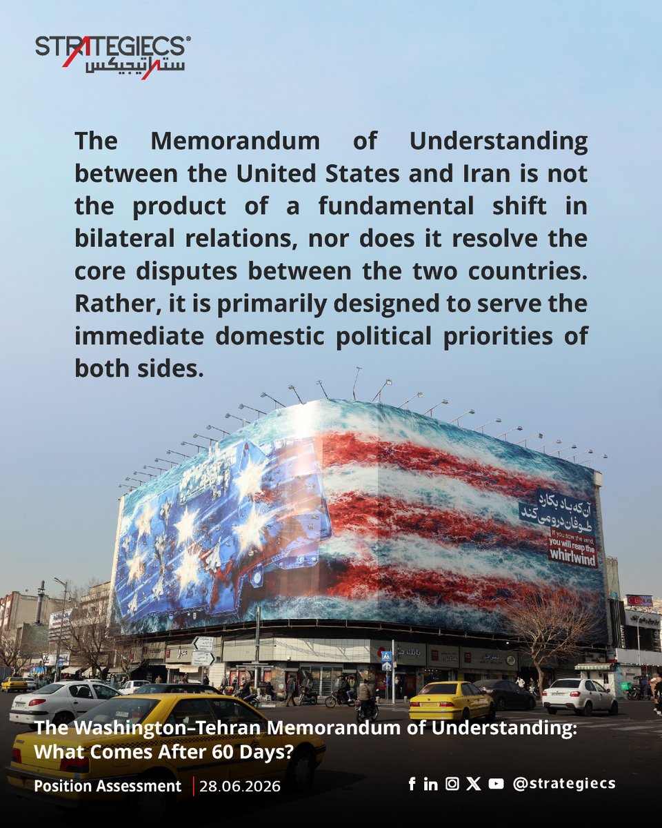 strategiecs's tweet photo. The Memorandum of Understanding between the United States and Iran is not the product of a fundamental shift in bilateral relations, nor does it resolve the core disputes between the two countries. Rather, it is primarily designed to serve the immediate domestic political priorities of both sides.
#ستراتيجيكس #STRATEGIECS
https://t.co/owCpa8HkBm