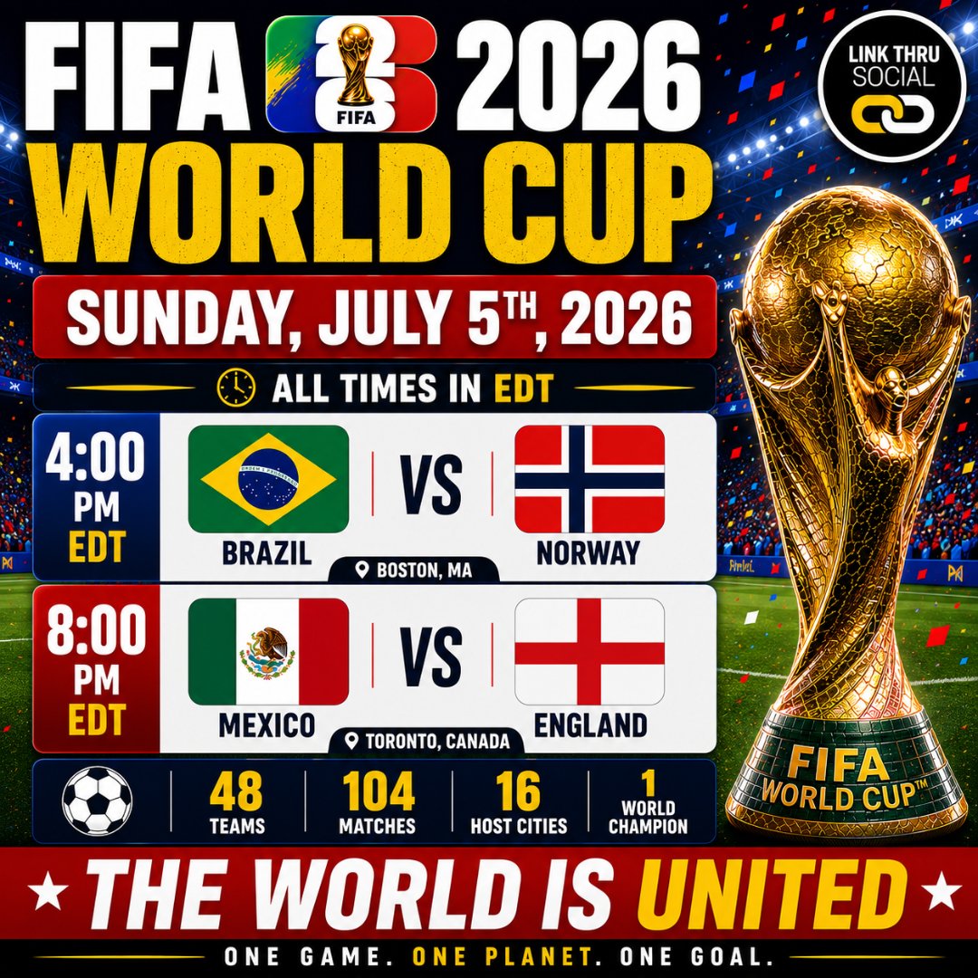 linkthrusocial's tweet photo. ⚽️🏆🌎World Cup 2026 - July 5th
🇧🇷🇳🇴🇲🇽🏴󠁧󠁢󠁥󠁮󠁧󠁿
#FWC26 #FWC26Toronto  #LinkThruSocial #Toronto #the6ix
⚽️🏟🇨🇦 https://t.co/NDdYWEuEb6 https://t.co/6VE2RgfVz2