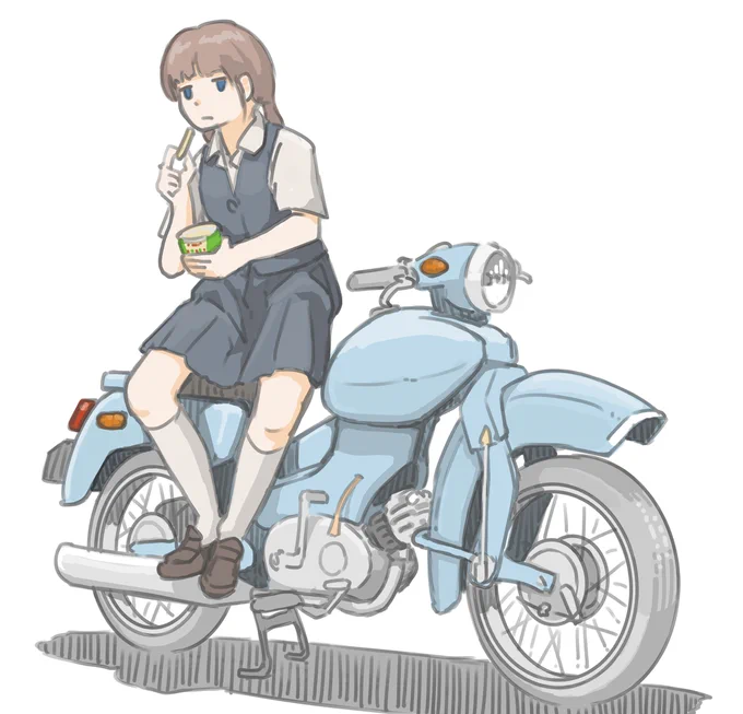 バイクの上でじゃがりこ休憩を取る女子です。 (ポインター ラッシー)【再掲】 #バイクJK #イラスト