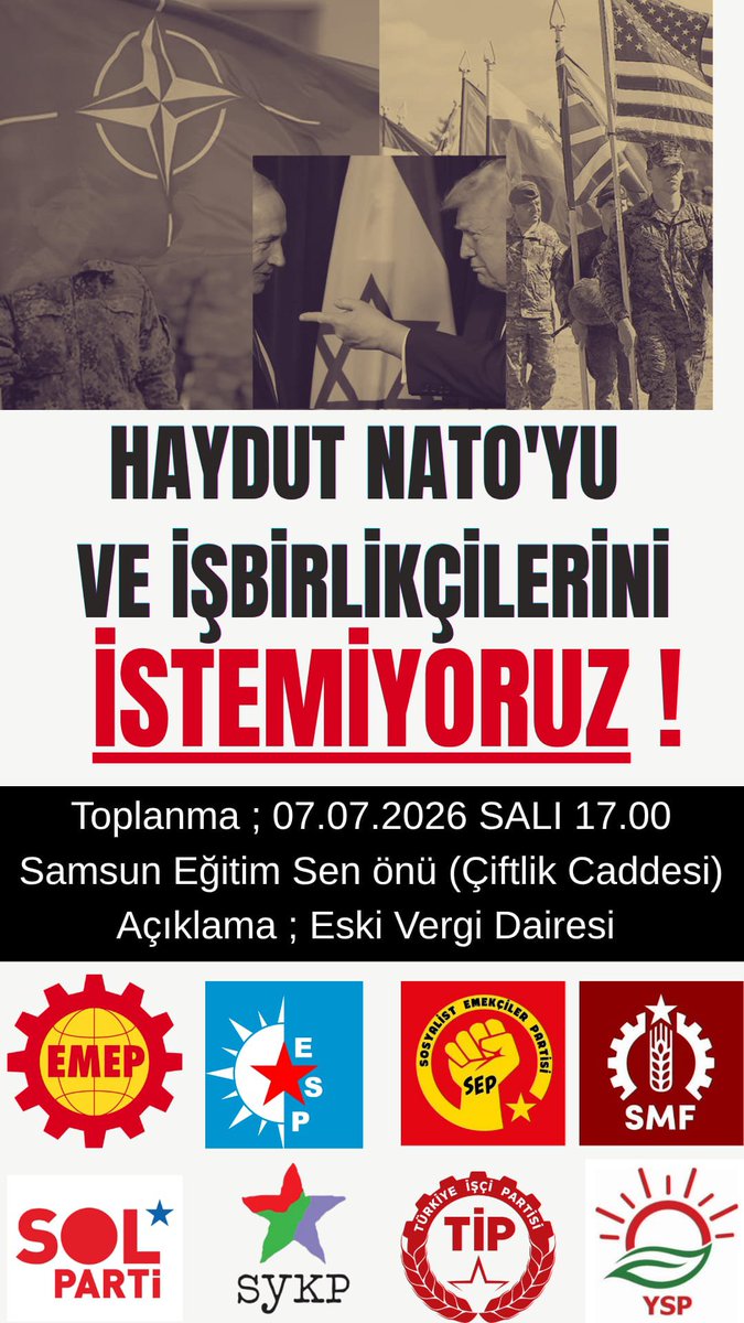 SamsunSykp's tweet photo. Haydut NATO ve işbirlikçilerine karşı Samsun'dan ses yükseltiyoruz.
7 Temmuz günü saat 17.00'da Eğitim - Sen önünde buluşuyoruz.
NATO Dağıtılacak Faşizm Yenilecek! https://t.co/nG4HKiUeo1