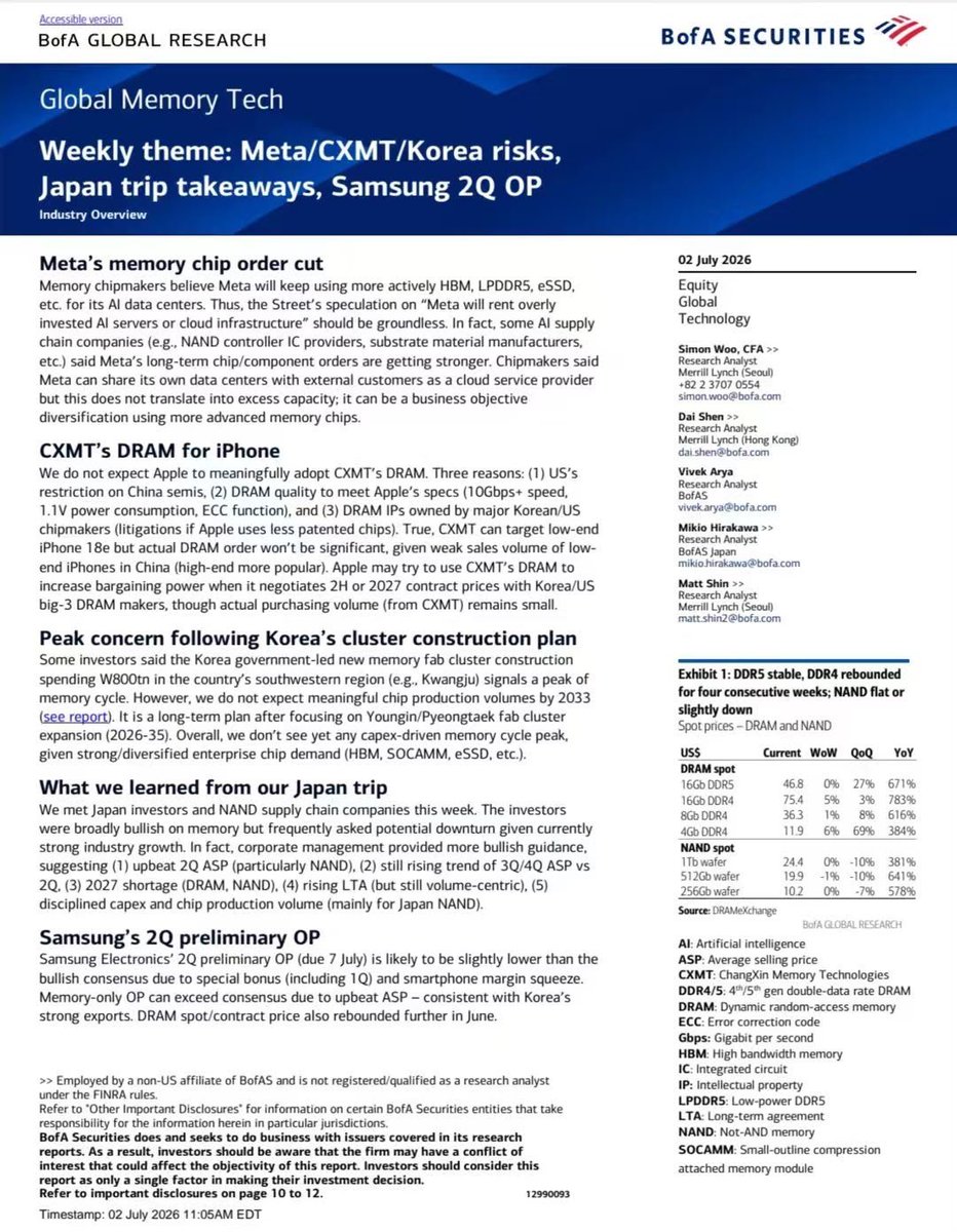 glocalinvestor's tweet photo. BoFA: Weekly update on Memory
> Stronger orders from $META: If Meta really is slowing down on AI build, the memo hasn't reached the purchasing team yet. Some chipmakers have categorically told META's orders are stronger than ever
> Chinese tech inside $AAPL: Another market allegation which has no solid footing. This might be as a bargaining chip or a low impact move than a reality. Main reason: China restriction, Quality & Specs from CXMT and $DRAM IPs are owned by US/Korean players
> Memory cycle not at its peak: Korean Govt. led investment spree doesn't mean memory peak. It would take at least 2033 for meaningful capacity to ease demand. Given strong enterprise / strong demand, peak isn't in yet.
> Lower than expected numbers from Samsung: Bonus that was announced for their workers to avoid shut own will result in lower than bullish estimates of the results.
> DDR4 has now inverted above DDR5: 16Gb DDR4 at $75.4 vs DDR5 at $46.8 (+61%). Suppliers exiting the legacy node faster than demand rolls off. DDR4 up 4 weeks straight, DDR5 stable, NAND flat WoW but still triple-digit YoY across every density.
All in all - demand is broadening (HBM, LPDDR5, eSSD, SOCAMM), supply stays disciplined, and BofA sees shortage risk into 2027. The bear case on META capex and CXMT-in-AAPL. looks like noise.
Watch Samsung's 2Q print (7 Jul): headline OP light on bonus + phone margin, but memory-only OP could beat on ASP. That's the number that matters.
Repost for memory bears in your timeline to counter it to build an objective opinion.
Are you positioned for a 2027 shortage, or still trading the 2026 peak that hasn't shown up? 👇
