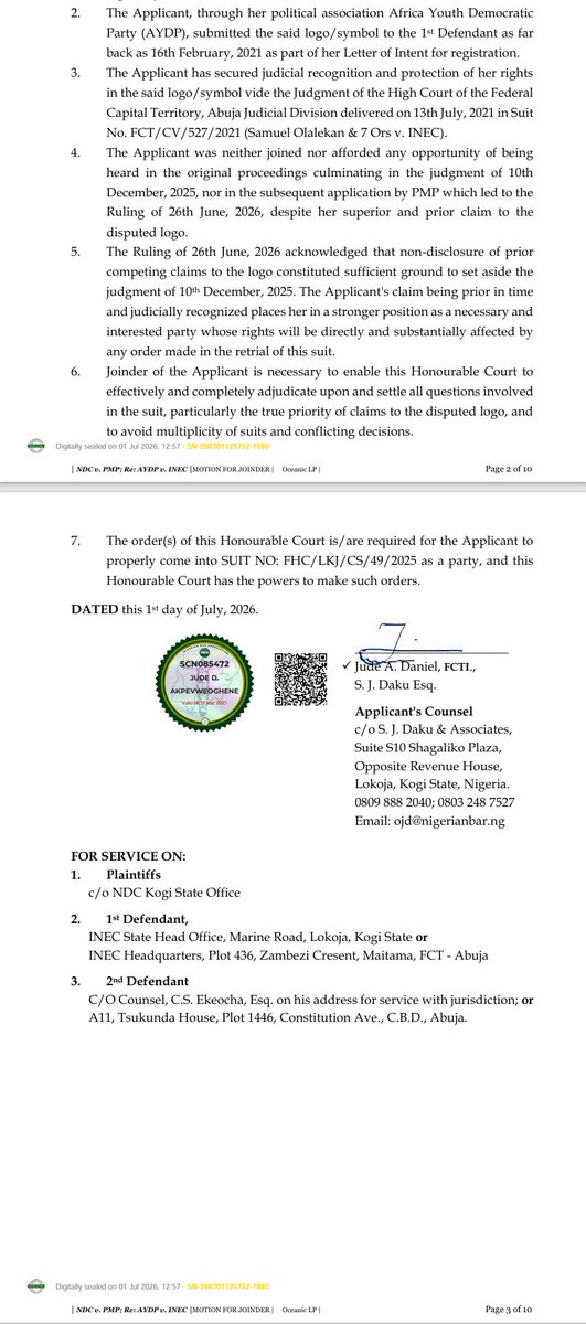 Attorney_ng's tweet photo. We live in a society that jumps from one trending scandal to another (now it's Prince Adeniyi and Gbaja scandal), forgetting the full sequence of events.
For the records: The disputed @NigeriaNDCHQ logo's matter is far from over. My client duly submitted letters to INEC @inecnigeria and secured a High Court judgment ordering their registration with the Peace/Victory sign.
Relevant pages of the judgment and letters attached.
My client has now applied to be joined in the suit and will canvass pure legal points that transcend current movements. Fingers crossed as case comes up 7th July, 2026.
This is not about the Obidient or OK movements, nor His Excellency @PeterObi (whom I deeply admire and respect).
It is about a determined youth group that has fought silently for over 5 years to form their own political party, only to be frustrated and denied by administrative and judicial bureaucracies.
Fate is now forcing us to revisit this long-ignored case.
It does seem the PMP's claim to the logo, as tsunamic as it was, is non-sequitur.

CC
@ARISEtv 
@ruffydfire 
@channelstv 
@seunokin