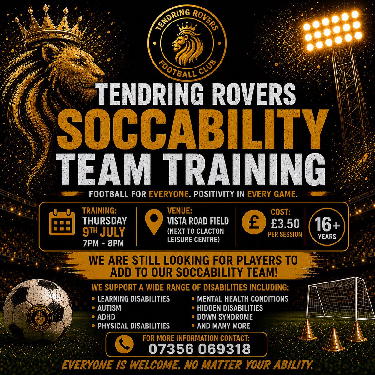 TendringRovers's tweet photo. Tendring Rovers Soccability Team Training

📅 Thursday 9th July
⏰ 7-8pm
📍 Vista Road Field (next to Clacton Leisure Centre)
💷 £3.50 | Ages 16+

We’re still looking for players to join our inclusive Soccability team. For more info contact 07356069318 https://t.co/zCaGeuWNPS