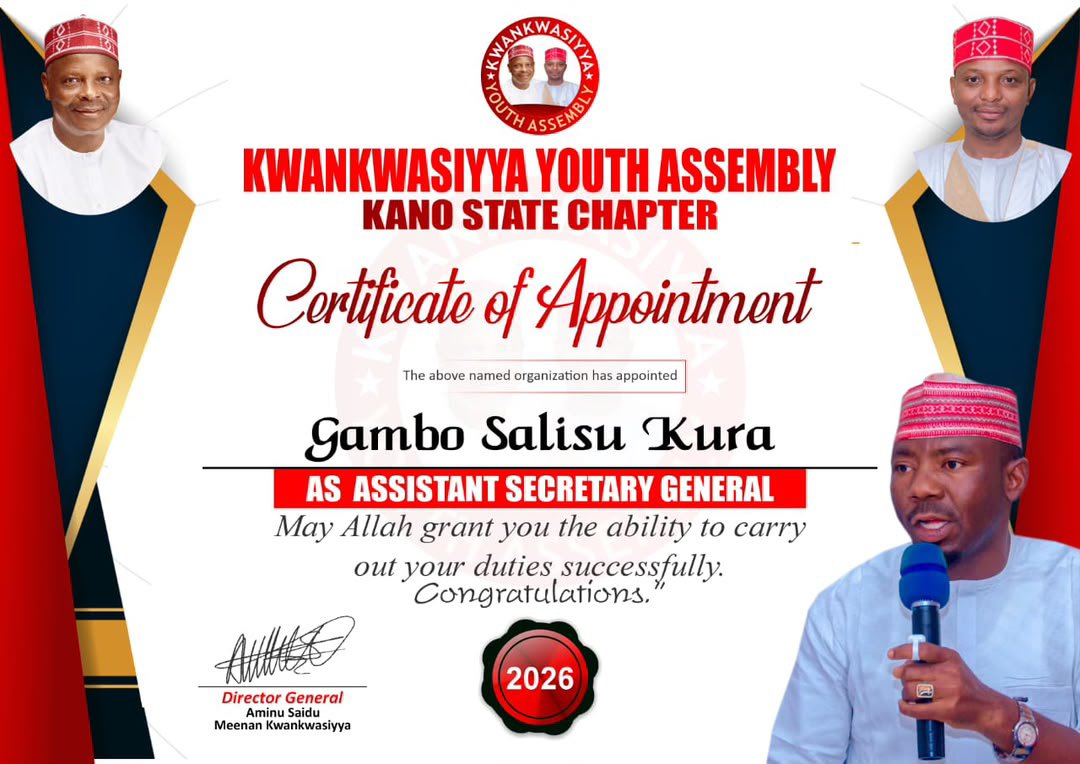 Hamza_st0's tweet photo. Kungiyar Kwankwasiyya Youth Assembly ta Jahar Kano, karkashin shugabancin Alh. Aminu Saidu (Meenan Kwankwasiyya) ta mika Takardar Shedar kama aiki ga Mataimakin Sakataren Kungiyar ta Kwankwasiyya Youth Assembly na Jahar Kano Hon. Gambo Salisu Kura

Congratulations https://t.co/hyaUSVG2qb