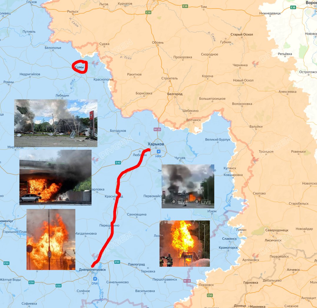 RWApodcast's tweet photo. If Ukrainian reports are to be believed, there's not a single intact gas station left on the highway between the 2nd and 4th largest "Ukrainian" cities (Kharkov &amp; Dnepropetrovsk), and none inside the city of Sumy, either. https://t.co/EFcPikcMF9