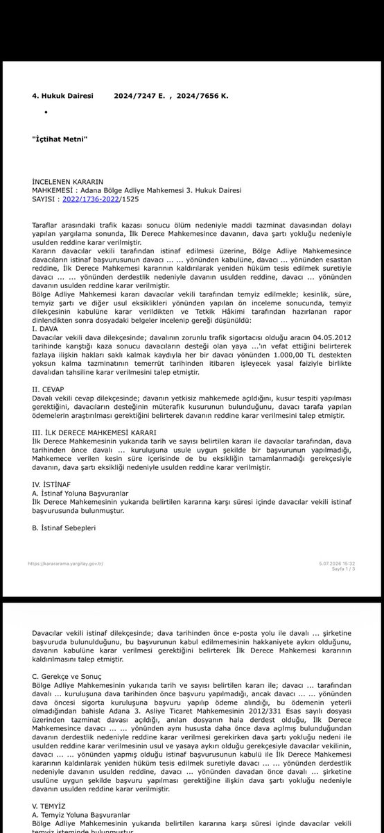 ehukuk1's tweet photo. Yargıtay 4. Hukuk Dairesi:

"Sigorta şirketine yazılı başvuru yapılmadan arabuluculuk başvurusu yapılması hâlinde 2918 sayılı Kanun madde 97 kapsamınca sigorta şirket yazılı başvuruya ilişkin dava şartının da yerine getirildiginin kabulü gerekir."

2024/7247 E. 
2024/7656 K. https://t.co/KB7RoFlleB