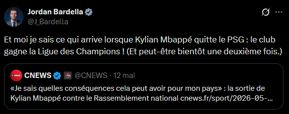 ReisProd_'s tweet photo. Ah ça y est t'aimes bien Mbappé maintenant ? Parce que t'a cru qu'on t'avait oublié ? T'es pas avec nous, la coupe elle est pas pour toi
Supporter quand ça l'arrange. https://t.co/fgIiiKVMeq