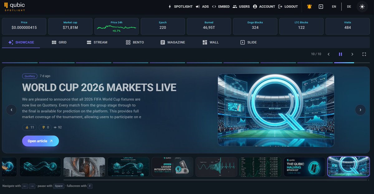 Andy_Qus's tweet photo. $Qubic Spotlight updated v0.0.5

We now have a cool new animated home page. I hope you like it. You can still choose the layout you prefer; your selection is automatically saved in your browser's local storage.
https://t.co/2ZvpUSA9st

@_Qubic_ https://t.co/uIvIeqsLlC