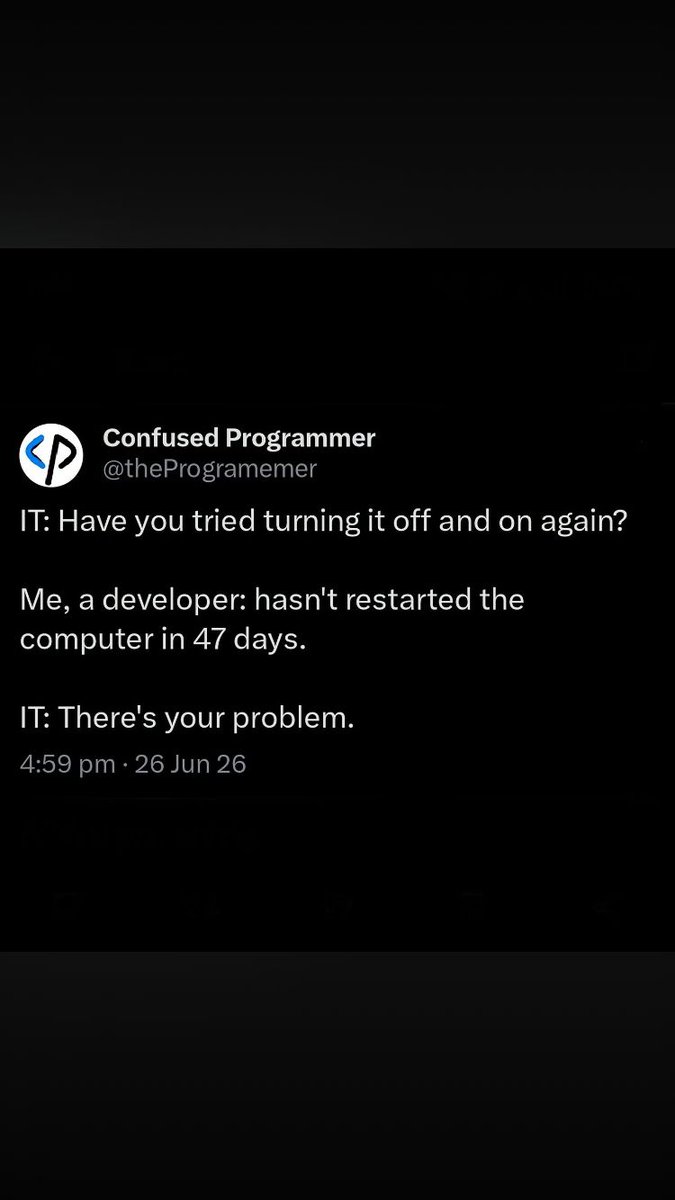 moses44044's tweet photo. π» IT: "Have you tried turning it off and on again?"
Developer: Hasn't restarted in 47 days.
Maybe IT was right. π
Build smarter coding habits with CourseCode.
π https://t.co/acYBJI93Ey
π Web Dev SA: https://t.co/qnPEkUx15Y
#Programming #Coding #DeveloperLife #CourseCode https://t.co/AgaInFgA6z