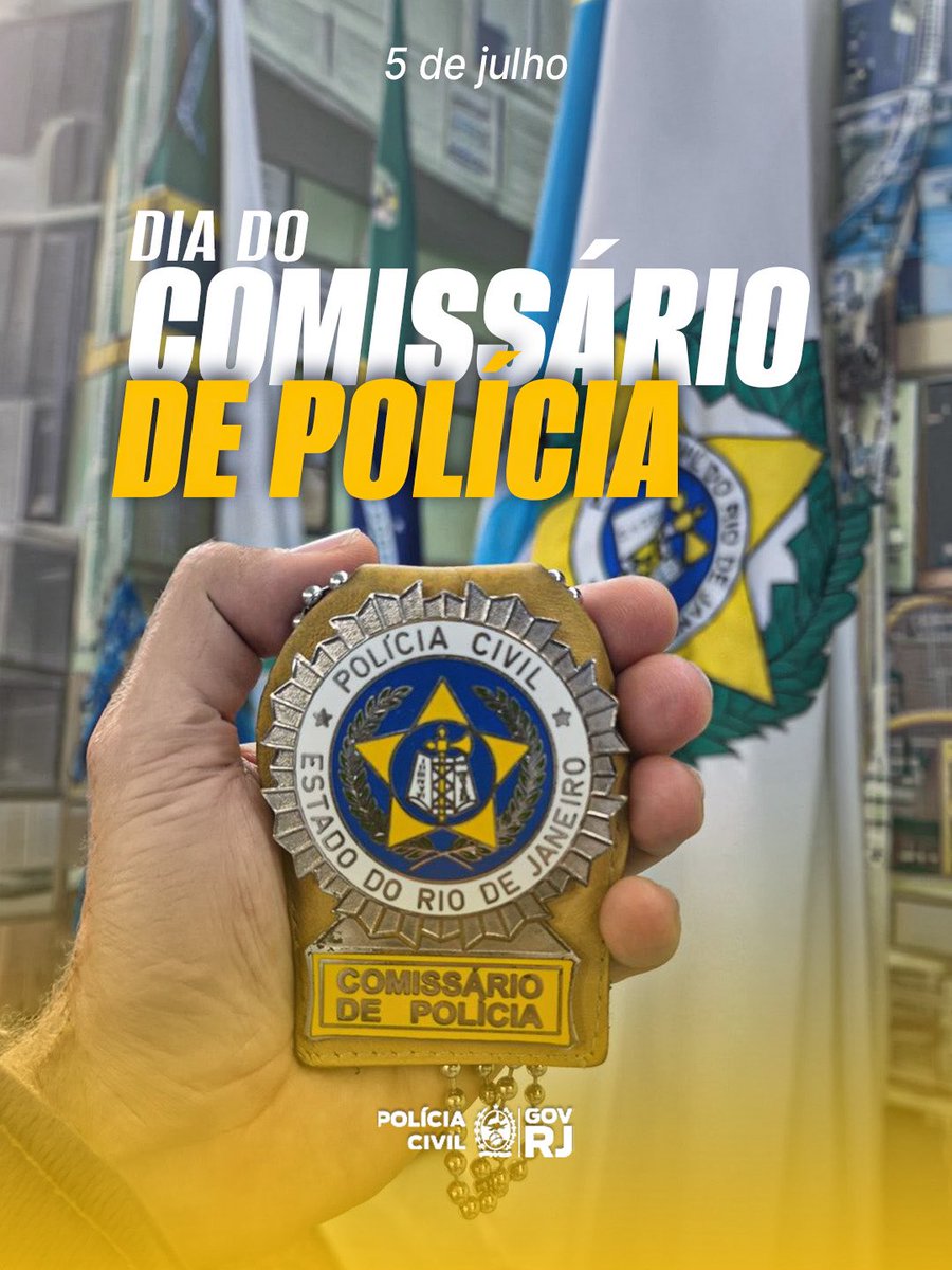 PCERJ's tweet photo. 🦅 Comissário não é só uma classe.
É quem une experiência, estratégia e liderança pra fazer a missão acontecer.

🤝 Neste 5 de julho, a Polícia Civil do Estado do Rio de Janeiro homenageia todos os comissários de polícia — profissionais essenciais na investigação, na coordenação das equipes e no fortalecimento da segurança pública do nosso estado.

👉 A vocês, que dedicam a vida ao serviço da sociedade:
o reconhecimento e a gratidão de toda a corporação.

👏 Parabéns pelo seu dia, comissário!