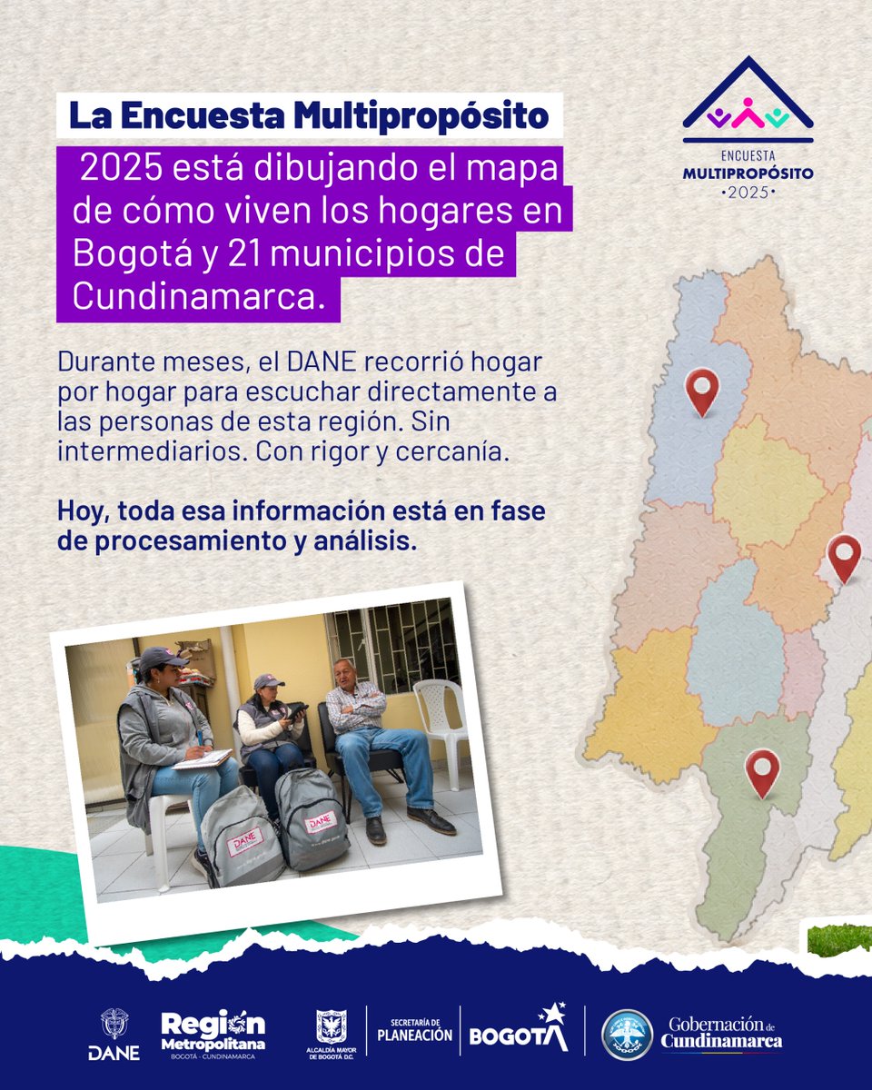 DANE_Colombia's tweet photo. 🗺️ Estamos dibujando el mapa de cómo vive Bogotá y Cundinamarca.

La Encuesta Multipropósito 2025 tocó puerta a puerta en 80 mil hogares, 21 municipios y 20 localidades de Bogotá, para entender las condiciones en vivienda, salud, educación, empleo, movilidad, bienestar, entre otros. 🏡🩺🎓💼🚌💚
