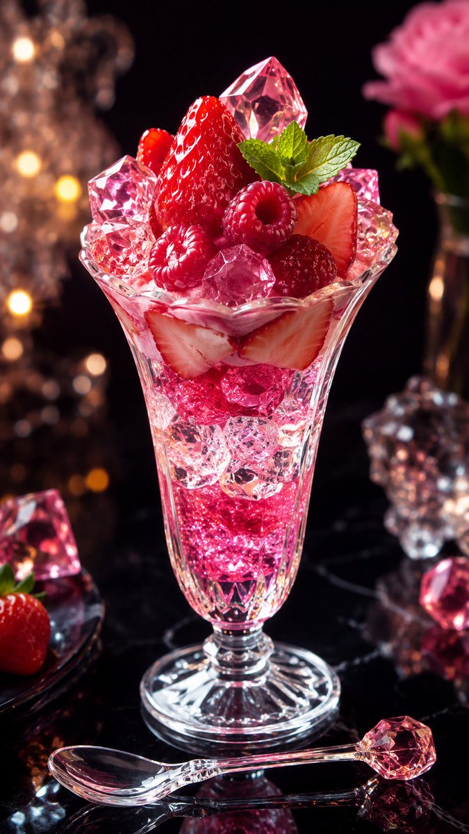 💎🍓 宝石パフェ 🍨✨ 透明クリスタルグラスに、 ショッキングピンクの