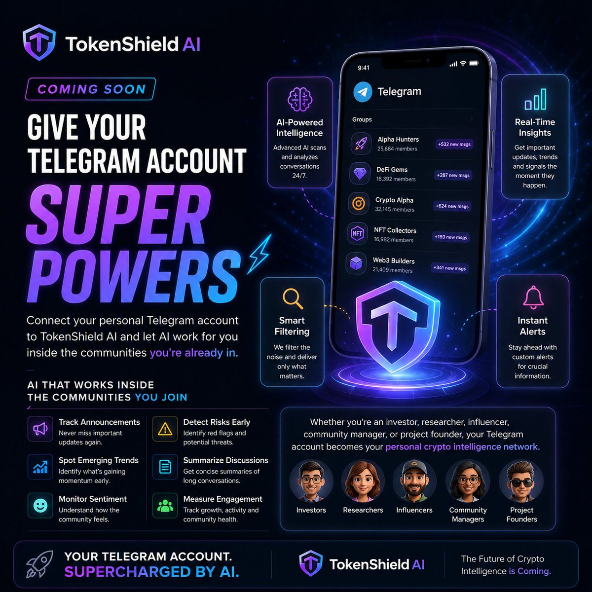 MR_BERT_IMPACT's tweet photo. 🚀 Soon, you'll be able to give your personal Telegram account superpowers.

Connect your Telegram account to TokenShield AI (@TokenShieldBot) join the communities you're already a part of, and let AI do the heavy lifting.

Instead of reading thousands of messages, TokenShield AI will help you:

🔍 Surface important announcements 📈 Spot emerging trends early ⚠️ Detect potential risks 💬 Track community sentiment 📊 Summarize conversations that matter 🚨 Alert you when something important happens

Whether you're an investor, researcher, influencer, community manager, or project founder, your Telegram account becomes an AI-powered crypto intelligence network.

This is just one of the many features we're building for TokenShield AI.

The future of crypto research is coming. 👀

#Crypto #Telegram #AI #Web3 #TokenShieldAI #CryptoResearch #CryptoCommunity #Blockchain