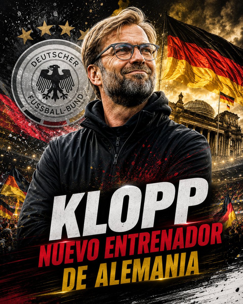 CodigodeFutbol's tweet photo. 🚨 AHORA - CAMBIO EN ALEMANIA 🚨

✅ Jürgen Klopp se convertirá en nuevo entrenador de la Selección Alemana, reemplazando a Julian Naggelsmann.

🗣️ Todavía se está negociando la salida del ex entrenador del Liverpool del RB, pero será el seleccionador de su país. https://t.co/T2ZMsXurgX