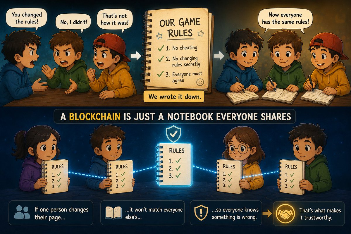 CryptoAura's tweet photo. When I was little, my cousins and I kept arguing over who changed the rules of our made-up game. 😅

So we grabbed a notebook. 📒 Every new rule went into it, and everyone copied it before we kept playing.

After that, nobody could secretly change the game anymore. 🤝

That's what almost everyone explains badly about blockchain. They start with technical words, so people get confused before they understand the point. 🤯

Forget the jargon. Think of a blockchain as a notebook everyone shares. If one person changes their page, it won't match everyone else's, so everyone knows something is wrong. That's what makes it trustworthy. 📖✨ @RallyOnChain