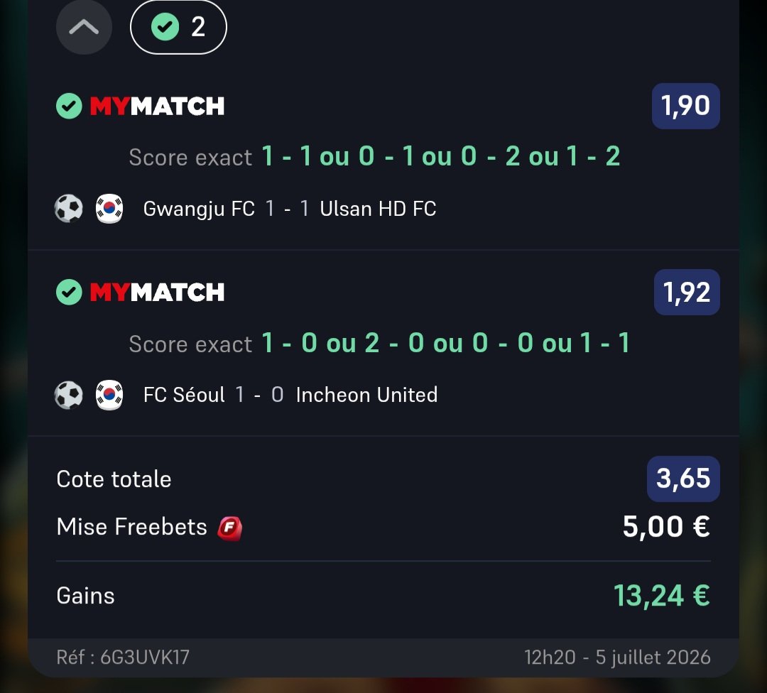 frenchmonster29's tweet photo. @clefdugain J'ai suivi tes scores exacts en freebets 😅👌 https://t.co/g3E3C32geI