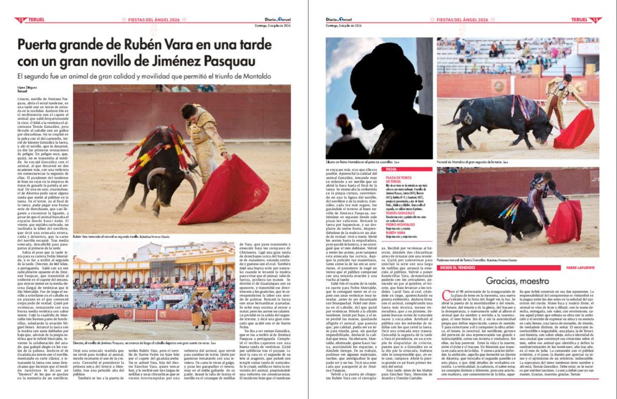 LopezDieguez54's tweet photo. Ya ha empezado la Feria del Ángel! 

Aquí está la crónica de la primera de feria! 📰🗞️

Novillos de Jiménez Pasquau para Tomás González, Pedro Montalvo y Rubén Vara. Podéis leerla en Diario de Teruel 

https://t.co/6yxt5Frrpa https://t.co/C4h3AMa1FN