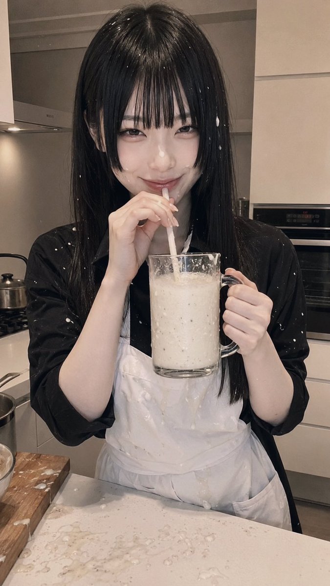 aifueti's tweet photo. ジョッキに入ったドロドロの濃〜いとろろドリンクを飲んでもらいました。
力を入れて擦りおろしたけいであちこち飛び散ってしまってますね。
ジョッキ一杯溜めようと思ったら何人必要なんでしょうかね(?)
#AIフォト #AI美女 https://t.co/CKRjKW2Bs0