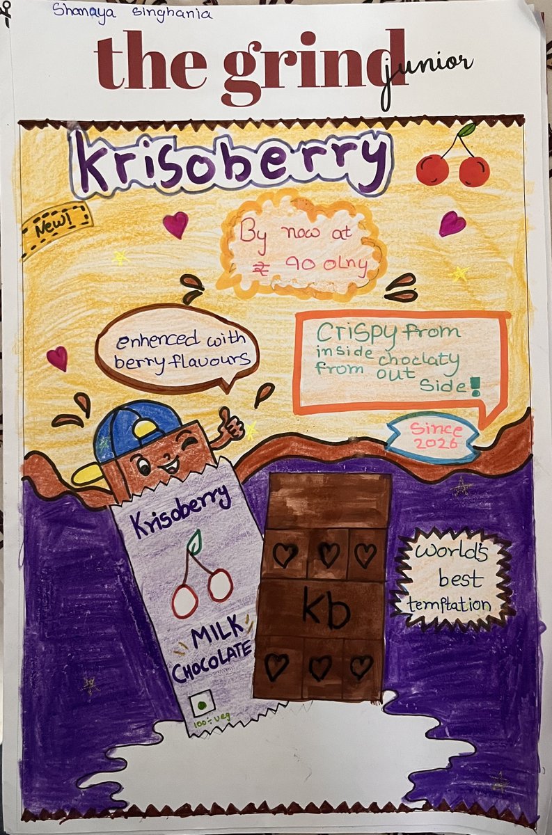 saurav_nova's tweet photo. I am incredibly proud to share a recent school project by my 10-year-old daughter. Her assignment was to conceptualise, design, and brand a completely new chocolate product from scratch.
What fascinates me most is how progressive our education systems are becoming. By shifting away from rote learning, assignments like this perfectly blend practical enterprise, critical thinking, and design-led learning at a young age.
Every element of "#Krisoberry" seen in her original hand-drawn sketch —from the catchy tagline ("Crispy from inside, Chocolaty from outside!") and pricing strategy, down to the product composition and packaging layout—was entirely her own independent creation.
To encourage her imagination and show her the tangible potential of her ideas, I used Google Gemini to elevate her sketch into a polished, production-ready visual concept.
It is amazing to see how AI can act as a powerful bridge, turning a child's raw creativity into professional-grade inspiration. Frankly, the branding is so complete, a #confectionerycompany could take it straight to market!
Kudos to modern educators who build these real-world thinking skills early on. The future of innovation is in great hands.
#EducationInnovation #FutureLeaders #Creativity #GenerativeAI #BrandingAndDesign #ProudParent #Cadbury #FerreroRocher #Amul
#Toblerone #Hershey #Ghirardelli #CadburyBournville #Valrhona #Godiva #LindtSprüngli #chocolates #brand