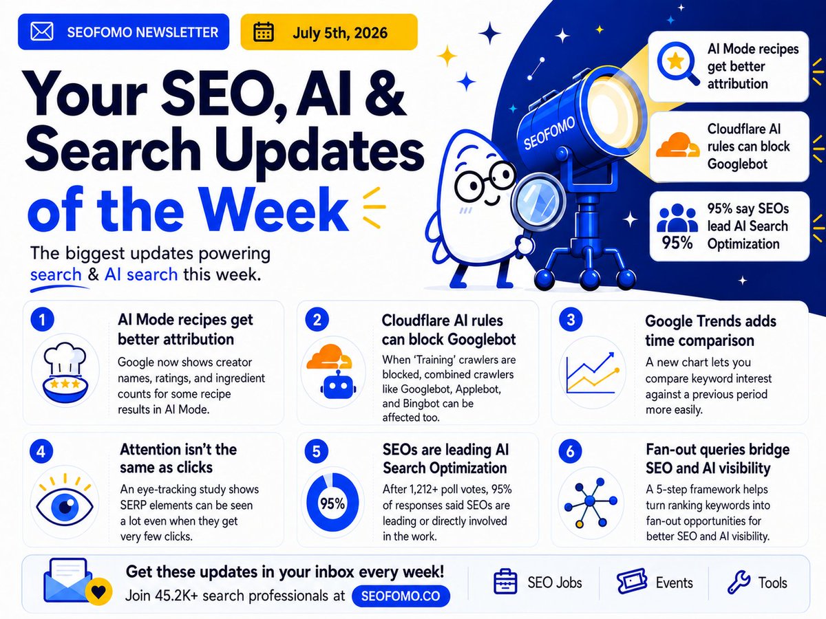 aleyda's tweet photo. 🚀 The Latest SEO & AI Search News + Updates from today's #SEOFOMO - July 5, 2026 👇

* ​Google makes recipes in AI Mode more publisher-friendly

* ​Google’s Liz Reid: Personalization Can Help Small Publishers

* ​Google Trends Adds Comparison Over Time Data & Chart

* ​Cloudflare’s AI Crawler Rules Can Block Googlebot: Check your Cloudflare AI crawler settings before they block more than intended

* ​The mirror of attention: which elements of the SERP are viewed but not clicked on [Eye Tracking Study]

* ​How to Use Reddit for SEO (The Right Way)

* ​Digital PR Done Right: Earned Media Strategies and Human-First Pitching

* While some still debate what AI search optimization should be called companies have already answered the question that actually matters: who does the work

* ​Fan-out Framework: 5 Steps to Improve SEO and AI Visibility

* ​How SEO & GEO Work Together - Do Great GEO Without Destroying Your SEO

* ​How Startups and Digital Goliaths Deploy AI to Grow Traffic & Revenue

* ​Which AI systems actually read the live web, and why it decides your GEO

* More! Including SEO & AI Search Jobs, Events, Tools...

From specialists like @gfiorelli1 @CyrusShepard @NickLeRoy @seomeetsdesign @SophieBrannon @mjcachon and more. 

Read it all: https://t.co/THVF2E1ePf