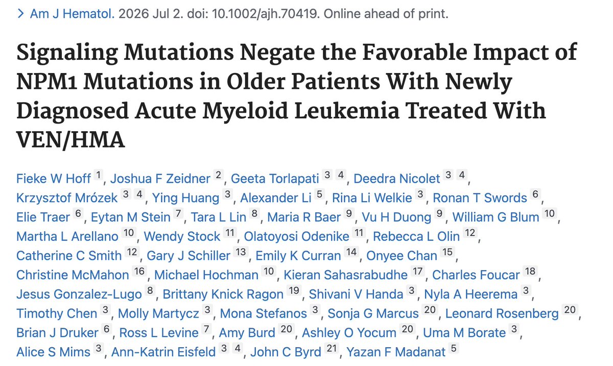 UChicagoLeuk's tweet photo. new work featuring @myeloidmalig @DrWendyStock as co-authors looking at the impact of signaling mutations on outcomes in patients with NPM1m AML

https://t.co/j8emD9S3Yz https://t.co/UkilO3Hstp