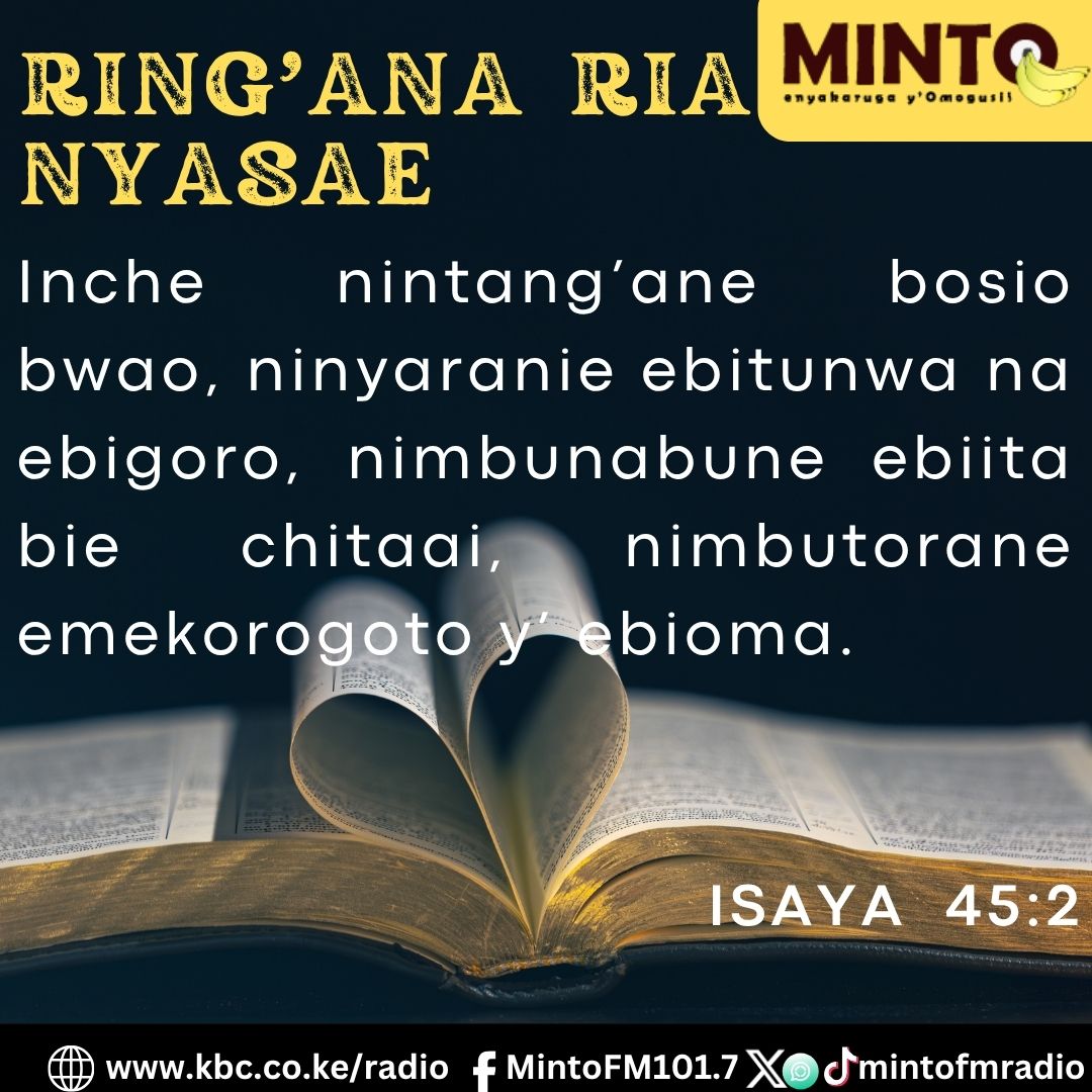 MintoFmradio's tweet photo. Isaya 45:2
Inche nintang’ane bosio bwao, ninyaranie ebitunwa na ebigoro, nimbunabune ebiita bie chitaai, nimbutorane emekorogoto y’ ebioma.^MK
#MintoFM https://t.co/yt9fcT5fi4