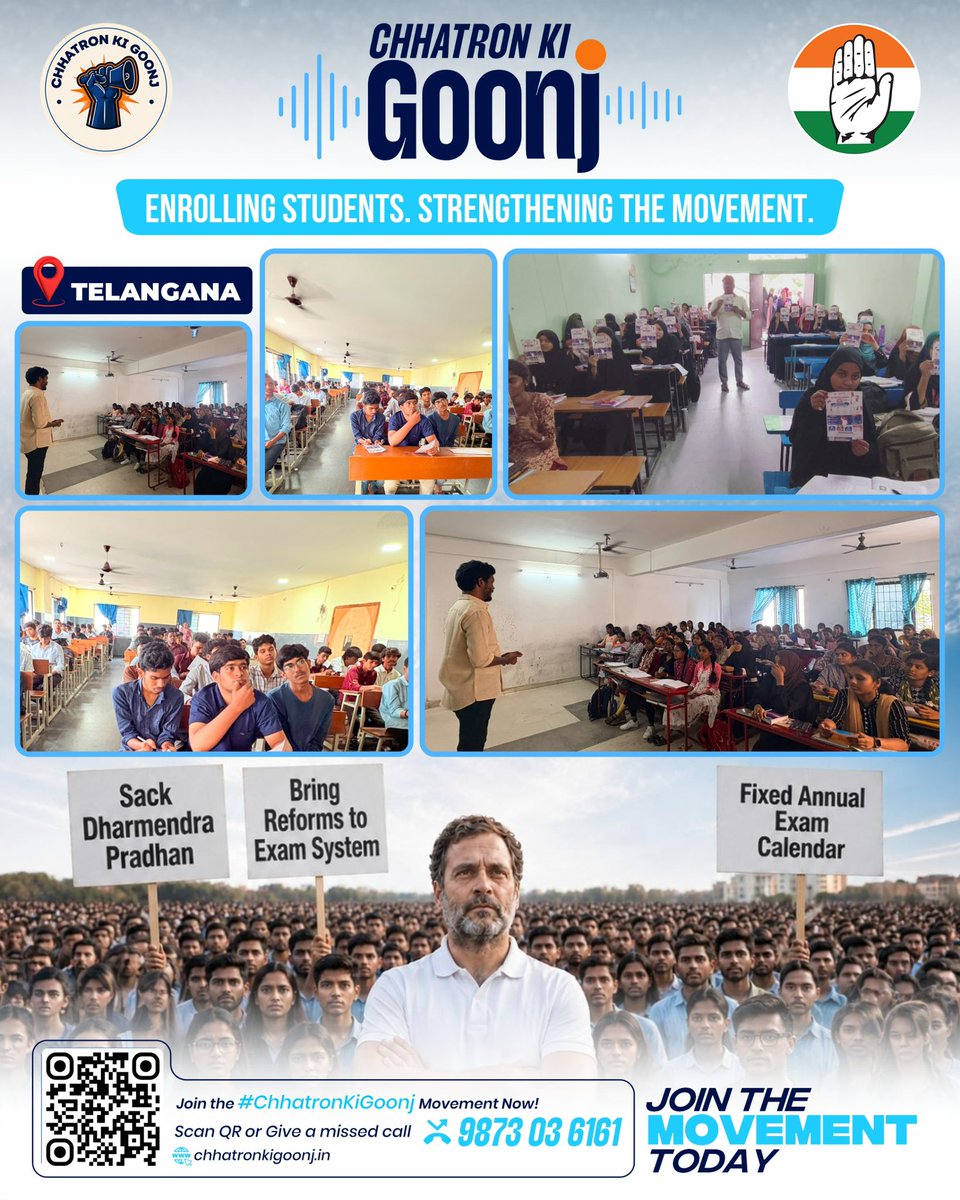 IYC's tweet photo. Chhatron Ki Goonj 📚✊🏻🇮🇳 

Today,Youth Congress workers connected with students across📍 Assam And Telangana shared the vision of #ChhatronKiGoonj, and invited them to be a part of the movement.

Your voice belongs here.

📲 Join the movement. Scan the QR or give a missed call to become a part of #ChhatronKiGoonj