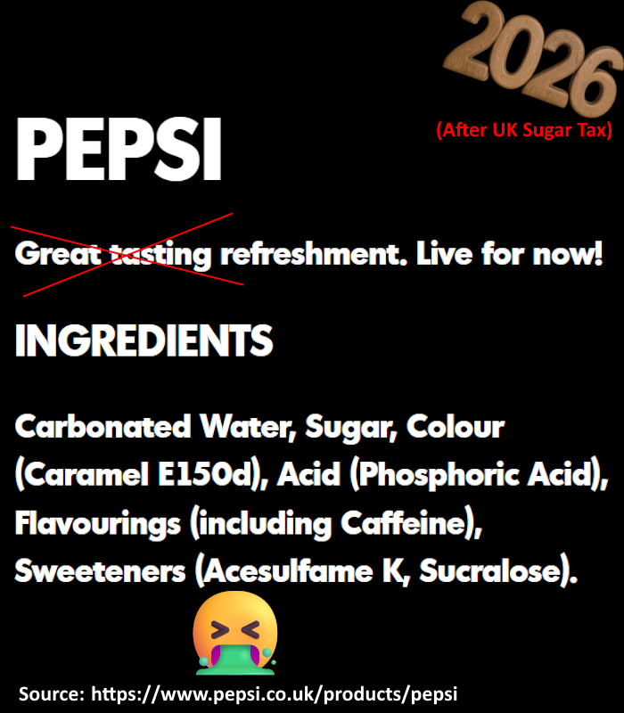 molmutius's tweet photo. UK     Pepsi 2022😍       vs.       "Pepsi" 2026 🤮

#WeWantProperPop #DropTheSugarTax https://t.co/ZXP21Uz1t7