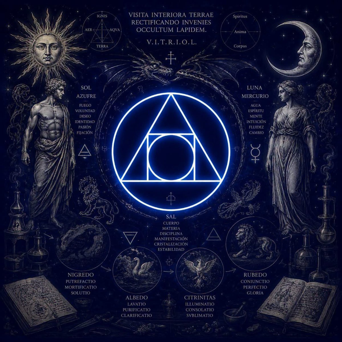 Cloudman176's tweet photo. The Stone is not just a rock.
It's not a hidden mineral.
Not a lost object in some corner of the world.
It's a state of Being....

It is the culmination of a transformation so profound that the alchemist ceases to be who he was to become something that can no longer be corrupted by fear, desire, pride, or ignorance.

But no stone is born out of nothing.

All alchemy rests on three eternal principles.. Mercury, Sulfur and Salt. No chemicals. They are forces present throughout existence and above all, within the human being itself.

☿ Mercury represents that which flows without ceasing...
It's the Spirit of Change... The intuition.. The imagination.
Consciousness that searches for answers...
The mind capable of abandoning old certainties in order to discover new ones.

Sin Mercurio no existe evolución...

But a Mercury without balance becomes a wandering mind.. constantly change your way, accumulate knowledge, seek teachers, symbols and rituals.. but it never stays long enough to transform.

ego Sulfur is the fire within...
The will.
The passion.
The determination.
The power that says, "I will push forward even if everything is falling apart." "

It's the strength that holds the alchemist when the oven stays cold for months and the results seem nonexistent.

Without Sulfur there is no Great Work...

But a Mercury-free Sulfur ends up consuming itself. It turns into fanaticism, pride, rigidity, and desire to impose its own truth.
🜔 Salt is the most silent and paradoxically, the most forgotten principle.
Salt represents manifestation.
The body.
The discipline.
Patience.

The matter where the spirit and the will take shape.
Understanding is not enough.
Loving is not enough.
Practice is necessary.
Day after day.
Year after year.

Salt reminds us that no transformation happens by momentary inspiration. all true transmutation requires consistency.
When these three principles remain separated, the human being lives divided.
Think one thing... Wish for another one... And he acts completely different.
That crack inside is the real lead.....

That's why alchemy never started trying to make gold..
First he had to face Nigredo la Obra black
The realm of rot... From the chaos... From derrumbe...De symbolic death.
Because no true light can be born while the old being continues to cling to his mask..

The alchemist had to watch how everything he thought was slowly decomposing.

Her illusions... Their fears ... Her attachments... Their Identity... Their need for recognition.
Everything must pass through the fire...
Only then did the next stages begin.. the washing, the purification, the union of opposites and finally the appearance of the Philosopher's Stone.
That's why the ancestors repeated a phrase that few really understand..
Visita Interiora Terrae Rectificando Invenies Occultum Lapidem. 

V.I.T.R.I.O.L.

Visit the interior of the Earth rectifying you will find the Hidden Stone. "
The land they speak of is not under our feet.
It's our own depth.
Our unconscious.
The wounds we avoid looking at.
The shadows we hide even from ourselves.
That's where the Stone is buried.
Not waiting to be discovered.
Hoping whoever is looking for her is brave enough to come down.
Maybe this is the most awkward lesson in all of alchemy....
Many wish to find the Philosopher's Stone.
Very few accept to become themselves the matter to be calculated.
Because the alchemical furnace does not destroy the true Being.
Destroys everything we were never.
And when the ashes cool down...
When Mercury stops running.
When Sulfur stops imposing itself.
When Salt holds the balance between the two...
So there is no one left looking for the Stone.
Because the seeker, quietly, has become her.