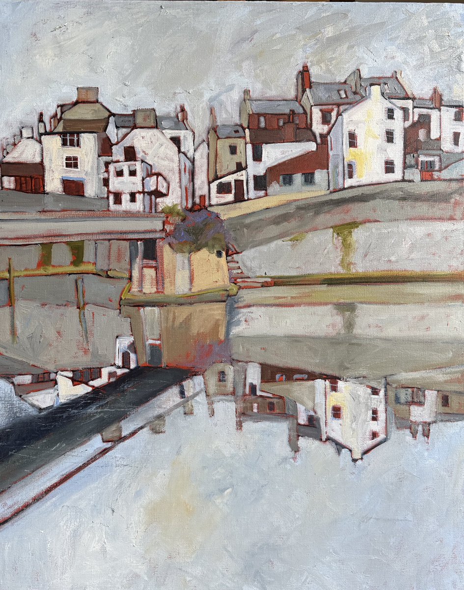 staithesartist's tweet photo. Next 3 stages on my #WIP of the view across the #Beck #Staithes Finished the #blocking in and beginning to loosen things up. #oils on #linen 24x30” https://t.co/eXZD1kCWzr