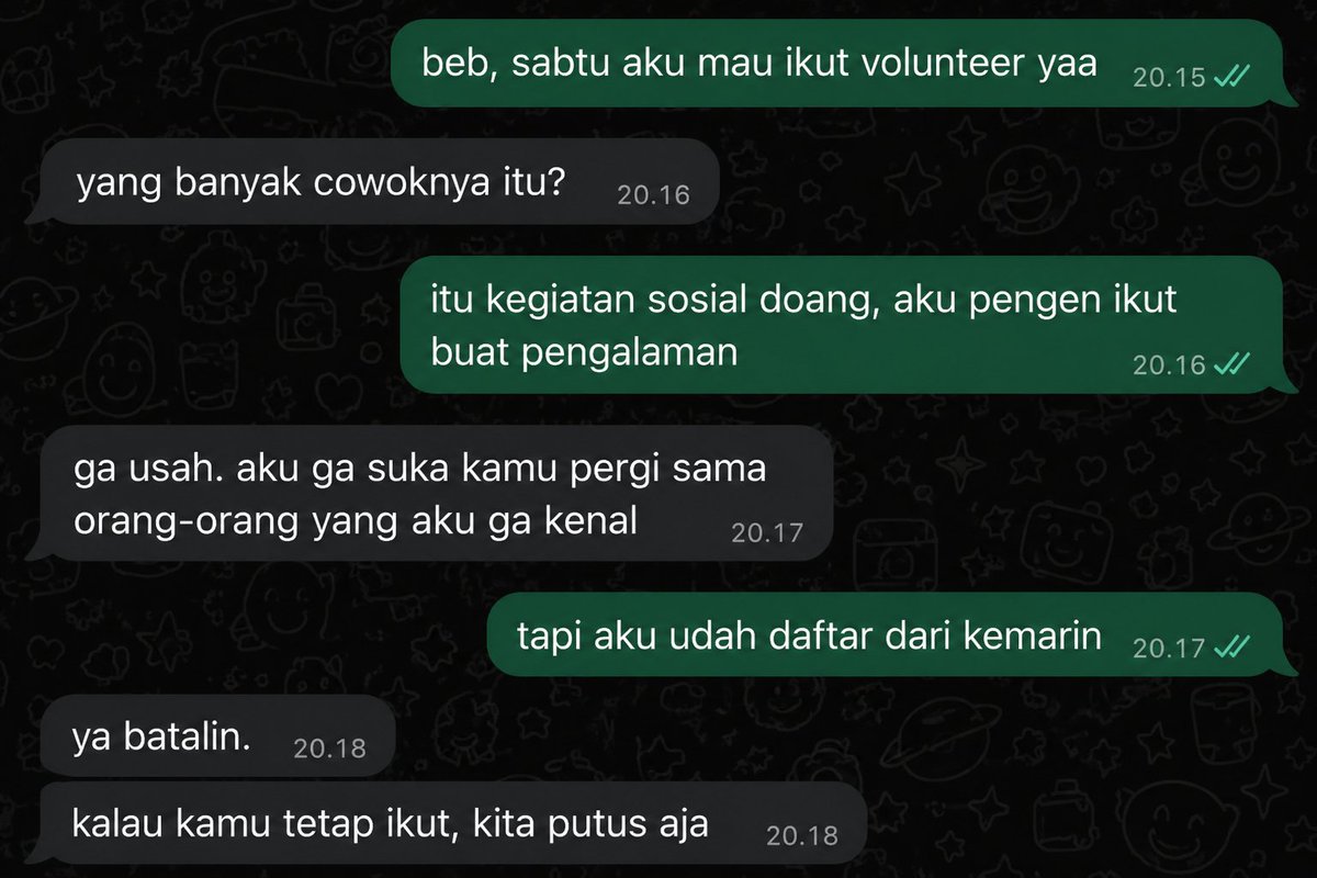 kywupi's tweet photo. posesif itu bukan cuma "jangan chat cowok lain"

kadang bentuknya lebih halus, tapi dampaknya jauh lebih nyebelin: kamu pelan2 dilarang punya hidup, mimpi, dan ruang buat berkembang di luar hubungan. https://t.co/6mNnfDCnTX