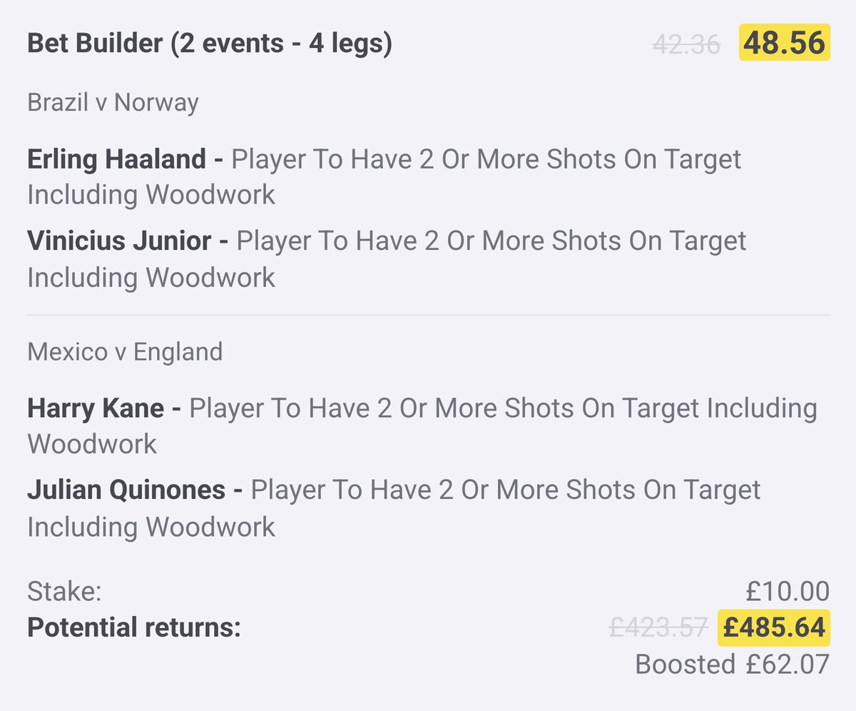 AndyRobsonTips's tweet photo. 🚨🚨🚨

32/1 on bet365 AND this Paddy Power one includes hitting woodwork.

• Haaland Shots on Target: 4, 3, 2

• Vini Jnr Shots on Target: 1, 2, 5, 2

• Kane Shots on Target: 3, 1, 2, 3

• Quinones Shots on Target: 2, 1, 1, 1

I think this is a great price.

Load below. 👇🏼 https://t.co/H3ztGc0uX9