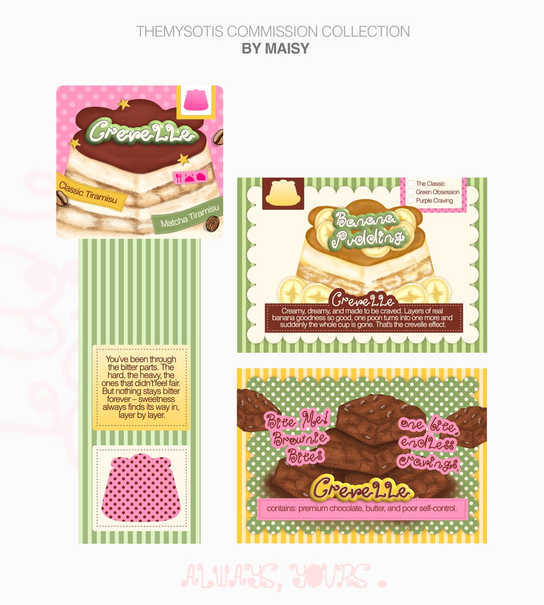 TheMysotis's tweet photo. here's my latest custom design ... I had so much fun working on it :> ♥ and I drew the dessert elements myself 🍪🍮 (sekalian reveal my font, karena aku pakai font buatan sendiri ... makin seneng karena cocok) https://t.co/pJAJJxi1ZE