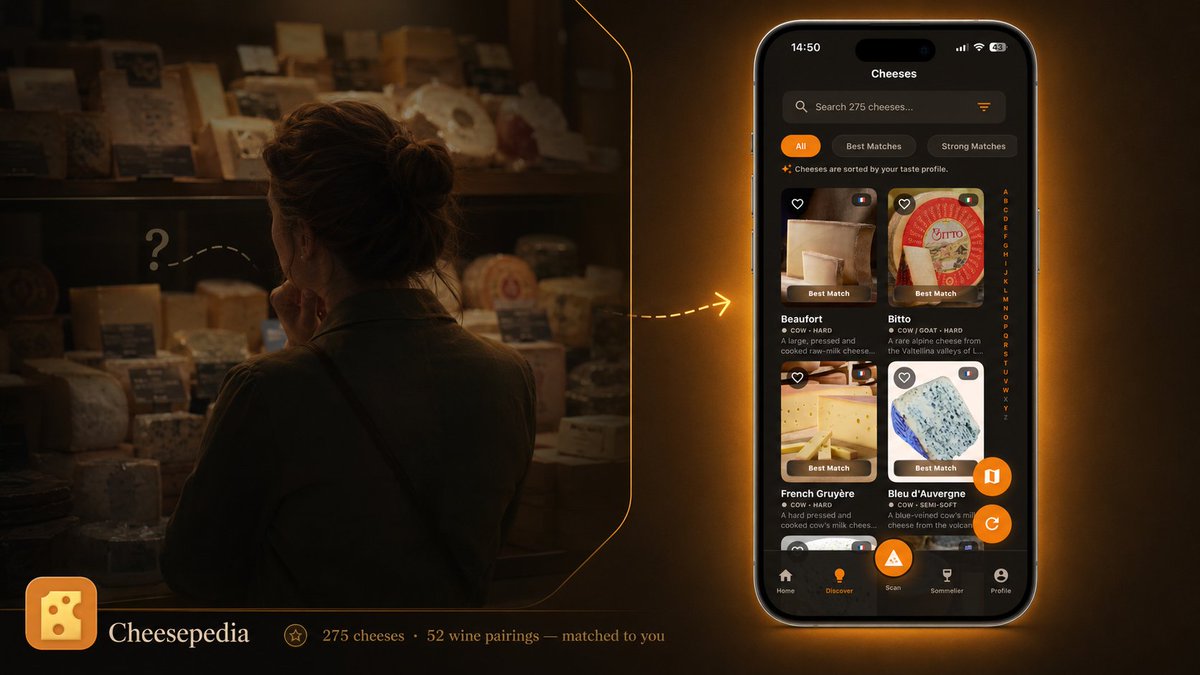 Cheesepedia_app's tweet photo. Ever stood at a cheese counter with zero idea what to pick? Or paid for a fancy wedge everyone raved about — and hated it? 🤔

Generic "best cheese" lists don't know your palate. Cheesepedia does.

Tell it what you love, and it builds your personal taste profile — then matches every cheese and wine to YOUR taste, not a stranger's. 

275 cheeses. 52 wine pairings. Your personal cheese sommelier, in your pocket. 🧀🍷

Try it free 👇
📲 https://t.co/sw3hm1cxP2
🤖 https://t.co/QcV8TnEEvK
#cheese #wine #winepairing #foodtech #cheeseboard