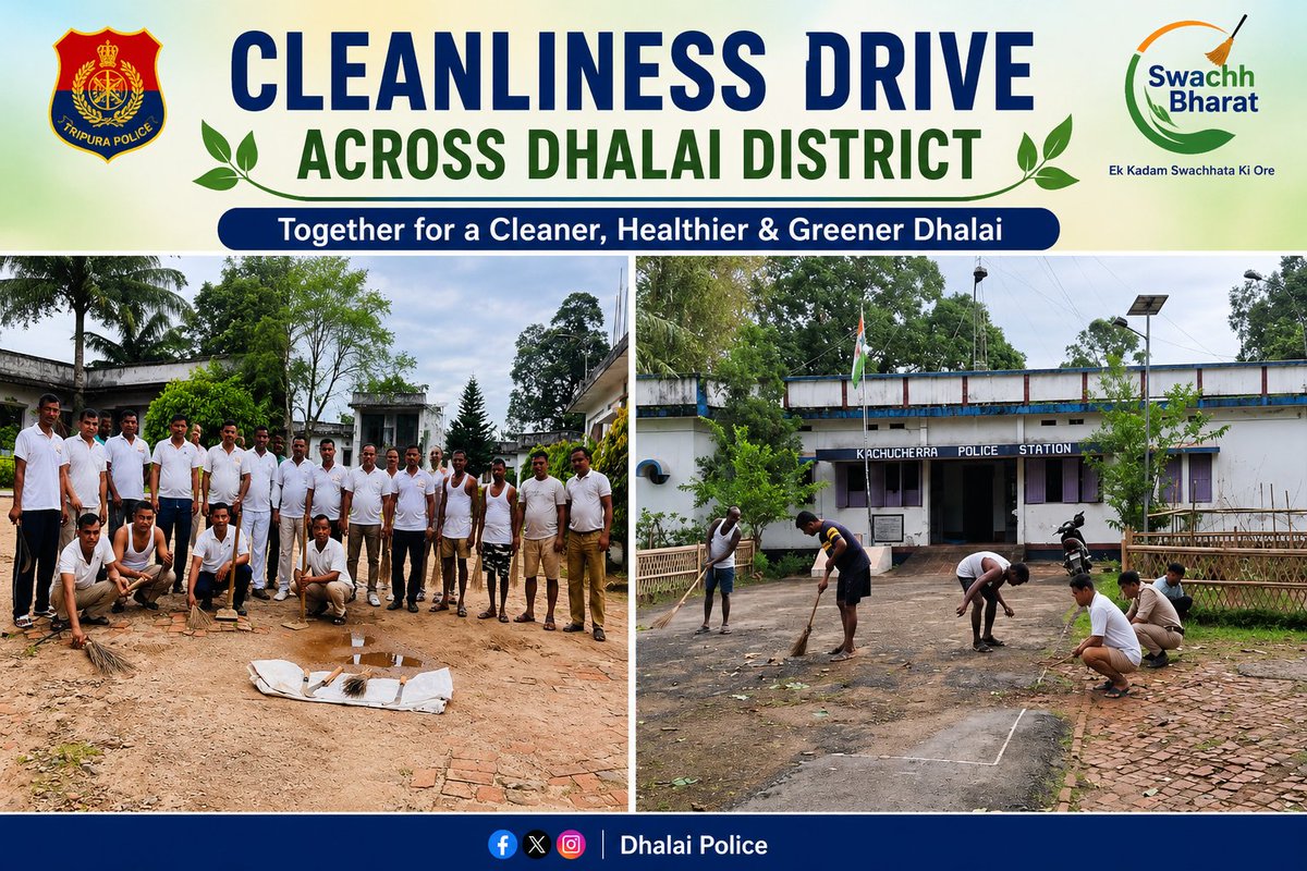 Dhalai_Police's tweet photo. As part of the Swachh Bharat initiative, Dhalai Police conducted cleanliness drives across various Police Stations, Units, and District HQ. Police personnel actively participated in the campaign, reinforcing the commitment to a cleaner, healthier, and greener environment https://t.co/7uoiDPdNTi