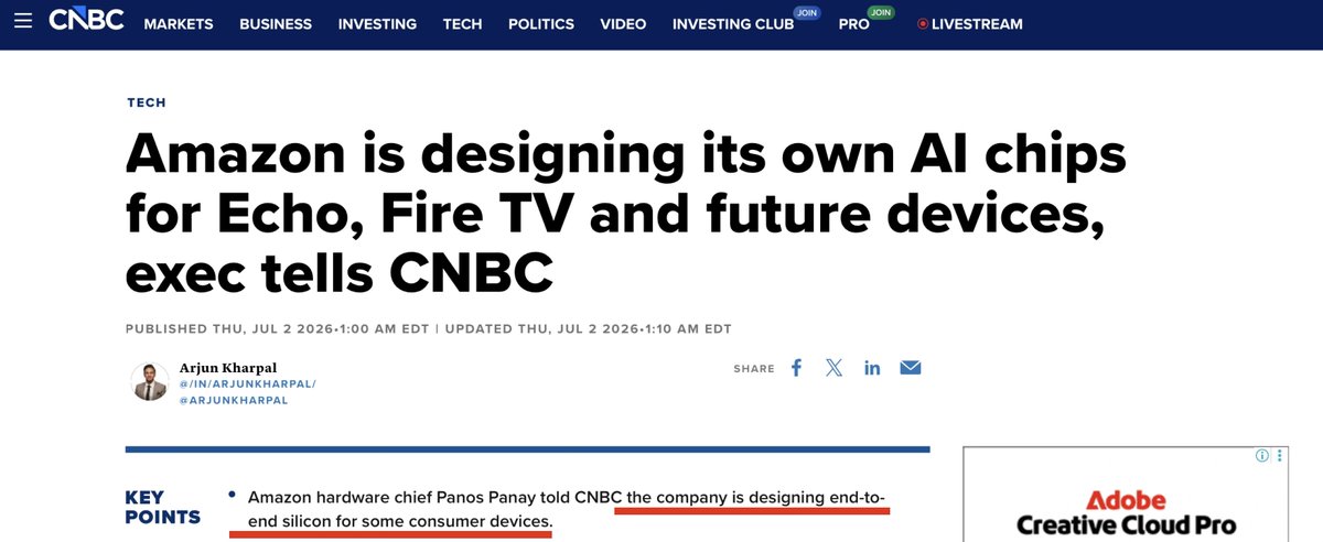 mingchikuo's tweet photo. 在本訪談中，Amazon 硬體主管 Panos Panay 提到該公司正在為部分自家裝置設計自研晶片（end-to-end silicon），且目前仍向其他公司外購晶片（如 Qualcomm）。

這呼應了我先前預測的「Amazon 裝置走向自研晶片」趨勢。另一個重點是，Panay 也提到這是為了裝置端 AI，代表自研晶片除了我先前提及的成本考量外，也是未來 AI 裝置的重要布局。

https://t.co/OKtctYPmmp