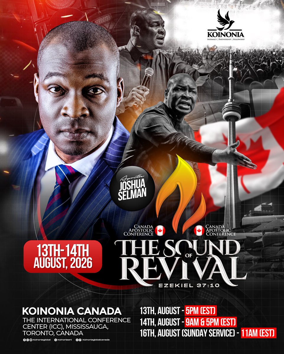 koinoniaeni's tweet photo. 🇨🇦 CANADA, THE 2026 SOUND OF REVIVAL IS COMING SOON! 🇨🇦

“And this gospel of the kingdom shall be preached in all the world for a witness unto all nations; and then shall the end come.” Matthew 24:14 (KJV)

Precious Saints,
 
Registration is ONGOING for the 2026 Sound of Revival Conference in Canada.

We invite you to join us and pray along with us for a divine outpouring; a season of revival, divine visitation, and the advancement of God’s Kingdom across nations.

📍 Venue: International Conference Center (ICC) Mississauga, Toronto, Canada

Dates: 13th, 14th, and 16th August, 2026
Meeting Schedule (EST):
▪️ Thursday, 13th August – 5:00 PM
▪️ Friday, 14th August – 9:00 AM & 5:00 PM 
▪️ Sunday, 16th August – 11:00 AM

Please secure your tickets by scanning the QR code on the flyer! Registration is FREE!
📌Register here: 
https://t.co/o3MmtJhy4C

Get ready, Canada!
Extend an invitation to your friends and loved ones across Canada.

Stay connected. Stay expectant!

#TheSoundOfRevival2026
#SoundOfRevivalCanada
#KoinoniaCanada
#KoinoniaGlobal