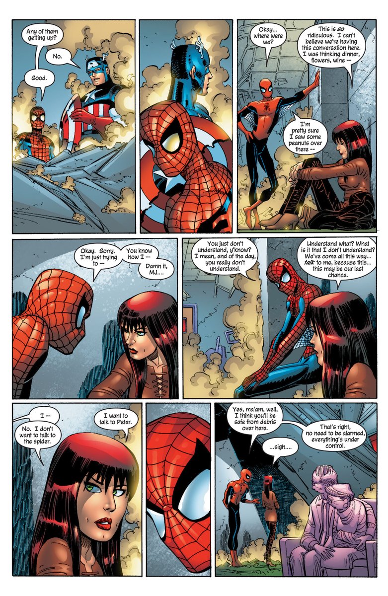idkCedric's tweet photo. I love how MJ and Peter acknowledge that while their marriage won’t be easy, they’re willing to try again.

There's room for both banter and growth, which is lacking in plenty of relationships in comics today. It feels so real. https://t.co/KeNKC7JzmZ