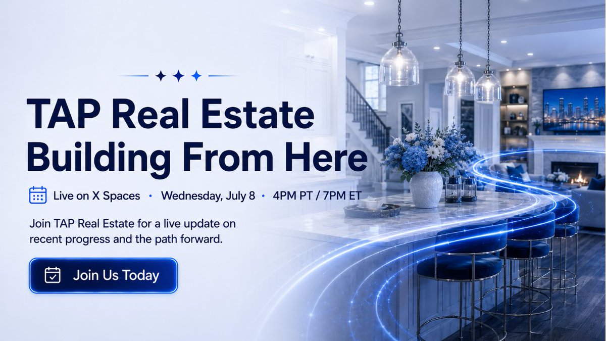 TAP_RealEstate's tweet photo. Join us today for the next TAP Real Estate X Space.

4PM PT / 7PM ET

There is a lot happening behind the scenes, and we are ready to talk about the progress, momentum, and road ahead.

Tune in live.
https://t.co/bfatA2cmQG https://t.co/eOOj3ARDS8