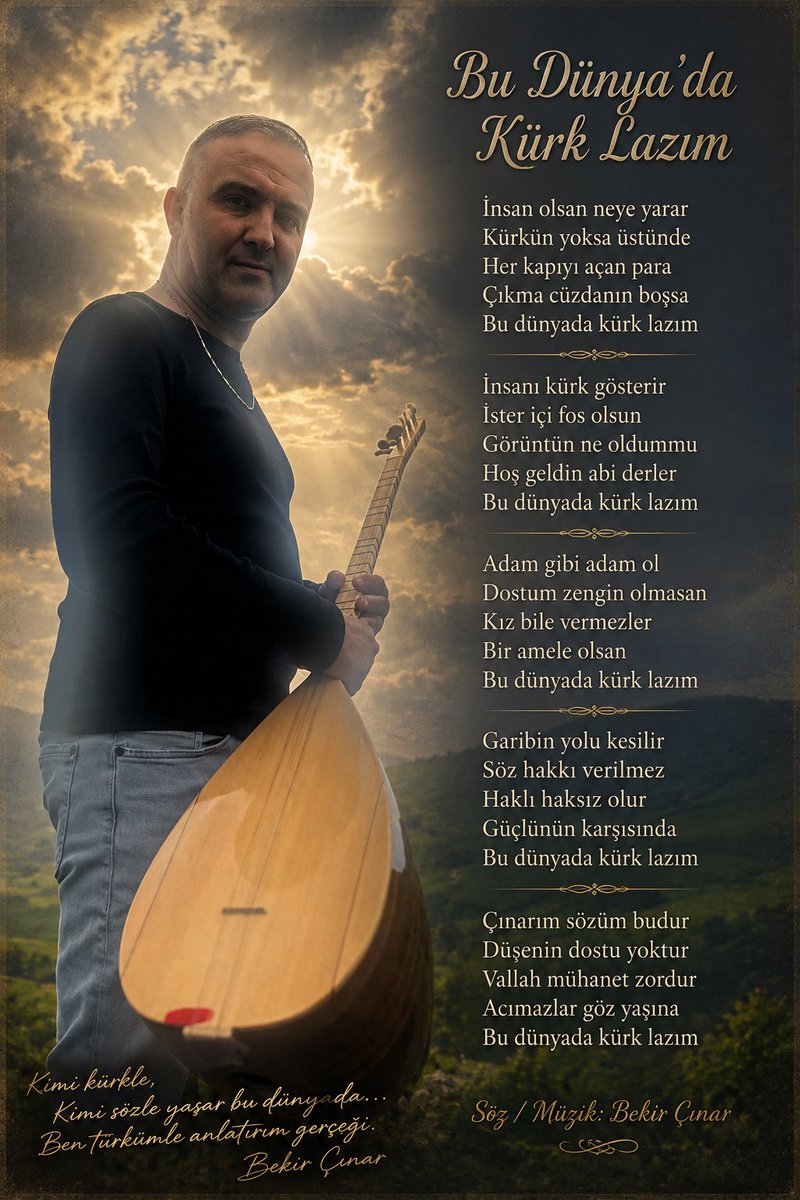CinarBekir's tweet photo. Bekir Çınar ➡️ Kimi kürkle, Kimi sözle yaşar bu dünyada…Ben Türkümle anlatırım gerçeği…B.Çınar 

#budünyadakürklazım #saz #türkü #keşfet https://t.co/WjyGTuuxTd