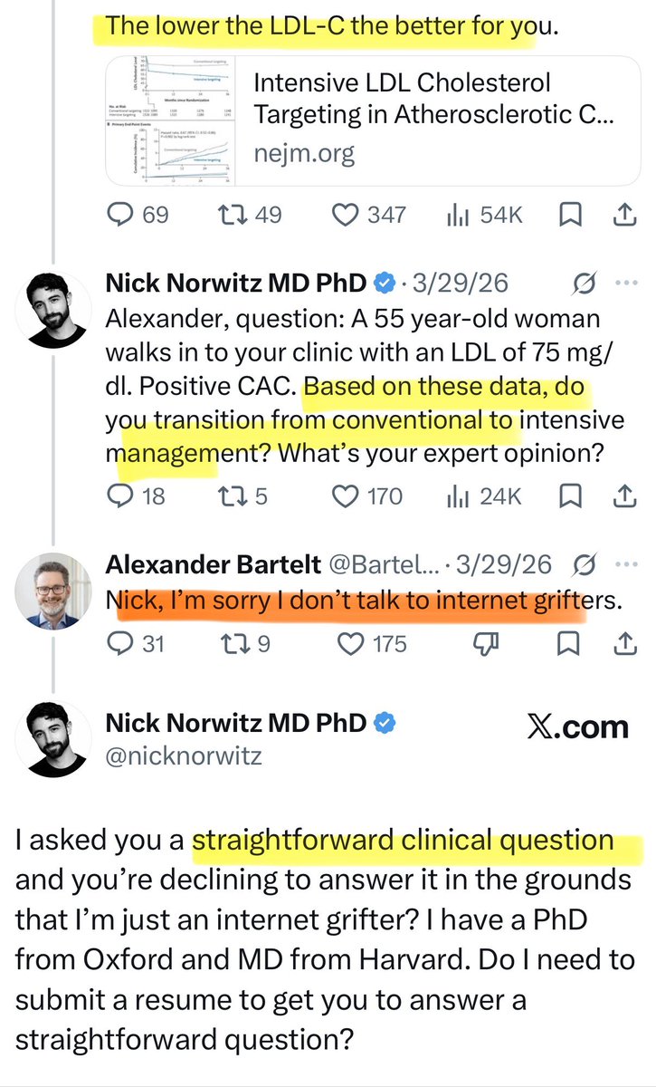 nicknorwitz's tweet photo. Here’s a cautionary tale—and one reason so many patients have lost trust in conventional medicine. 🙈 (Read to the end)

👉 Them: “I’m the expert. Lower LDL is always better.”

👉 You (or me): Politely ask a direct question to explore the nuances or the underlying evidence.

👉 Response: A personal attack.

That’s not expertise. It’s defensiveness and a transparent signal that the person’s claim exceeds the depth of their understanding.

👉 Them: The same “experts” complain that patients are turning to “influencers” instead of trusting experts.

🚨The worst part?

There are countless brilliant, thoughtful clinicians who genuinely deserve the public’s trust. They acknowledge uncertainty, engage with evidence, and answer difficult questions with curiosity rather than contempt.

Unfortunately, many of those people aren’t the loudest voices among the self-appointed “experts.”

Instead, trust in the medical profession is undermined by a vocal minority who mistake credentials for arguments and résumé lines for evidence.

Patients lose trust when sincere questions are met with arrogance instead of answers. 

Trust me — I’ve been that patient 

🔄 Repost to agree