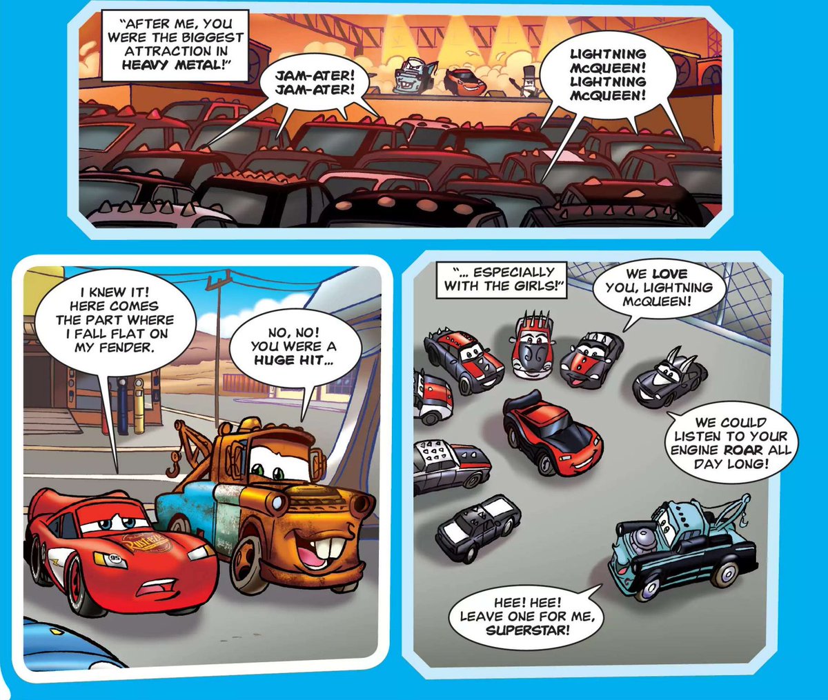 ScoobGoob's tweet photo. Mater is an absolute menace is this comic.

Not only was he criticizing Sally's taste in music and telling one of his "Tall Tales" about allegedly being in a metal band with Lightning, but he also caused tension in Lightning and Sally's relationship and was SMILING about it 😭 https://t.co/Ntw2Z1EdLH