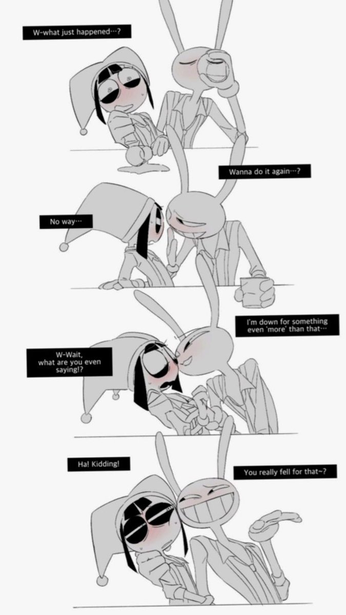 Caine_Luna's tweet photo. Jax: "Wanna do it again...? I'm down for something even 'more' than that~" 😏
Pomni: "W-Wait, what are you even saying!?" 😳
Jax: "Ha! Kidding! You really fell for that~?"
Pomni: *dies inside*💀

#JaxPomni #TADC #DigitalCircus  #TheAmazingDigitalCircus #Pomni #Jax https://t.co/nddjyryTzk