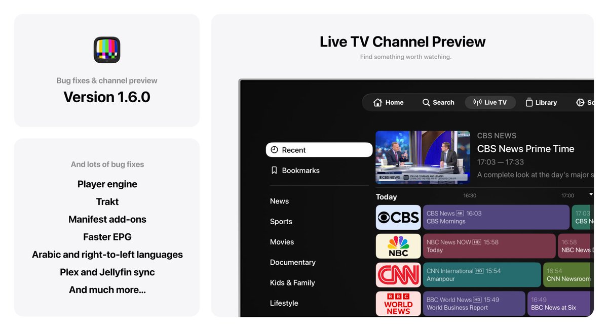 trydion's tweet photo. Version 1.6.0 is out.

This release adds live preview for Live TV channels on tvOS, plus many bug fixes. https://t.co/zmHN71Z16m