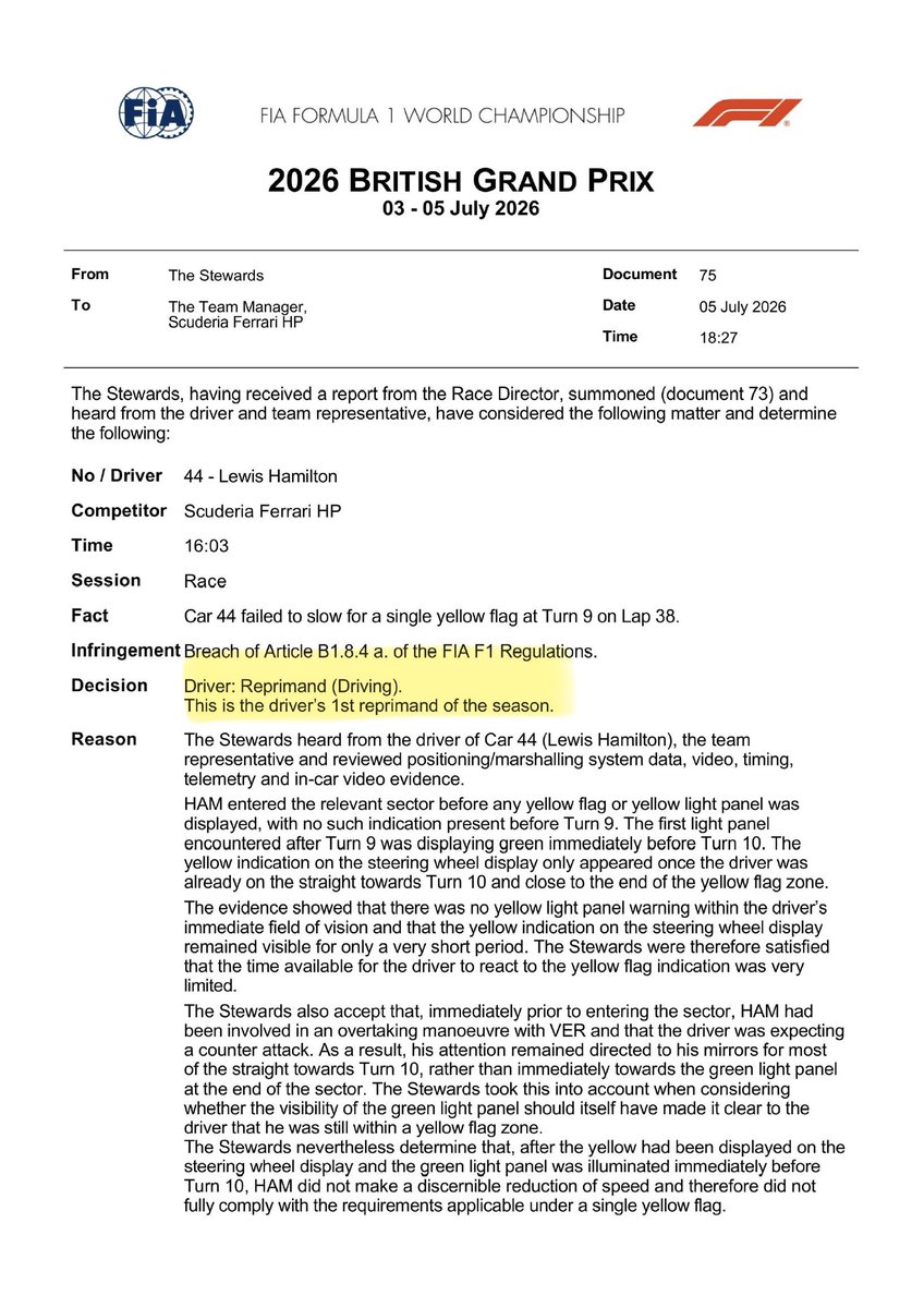 fiagirly's tweet photo. 🚨 OFFICIAL: Lewis Hamilton gets off yellow flag infringement with a REPRIMAND and NO penalties. Keeping his P3 in Silverstone!

#BritishGP 🇬🇧 #F1 https://t.co/X051iLuSJI