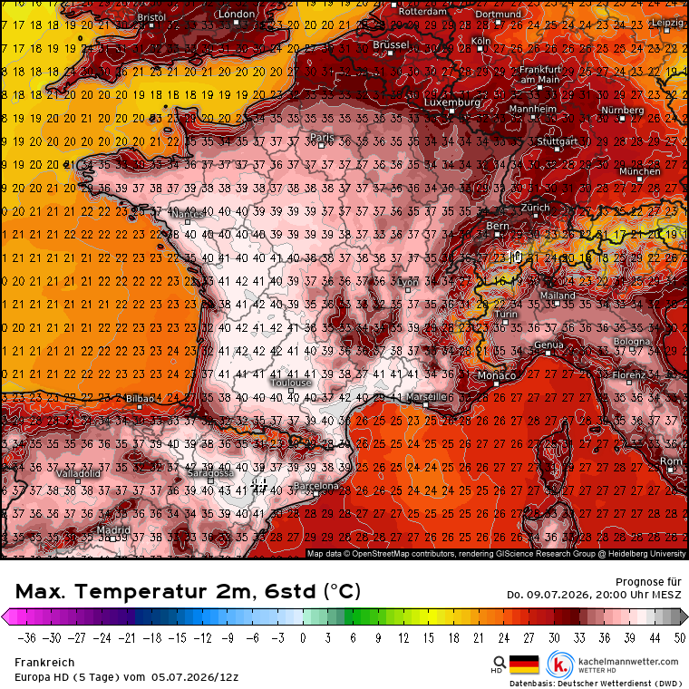 Kachelmannwettr's tweet photo. In Frankreich steht die dritte große #Hitzewelle dieses Jahres an. Schon wieder drohen über mehrere Tage Temperaturen um oder über 40 Grad. Es ist hier ein bisher historischer Sommer. #canicule
https://t.co/AgTFmMXtkA /LD https://t.co/39sUmc8GqE